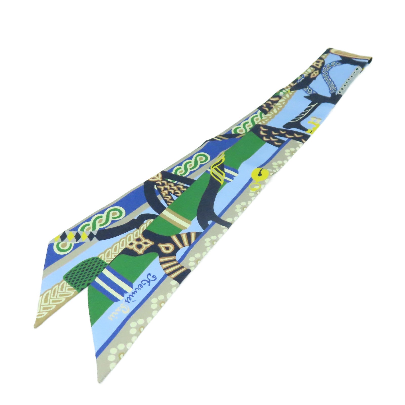 HERMES 絲質Twilly Scarf絲巾藍色/綠色/彩色