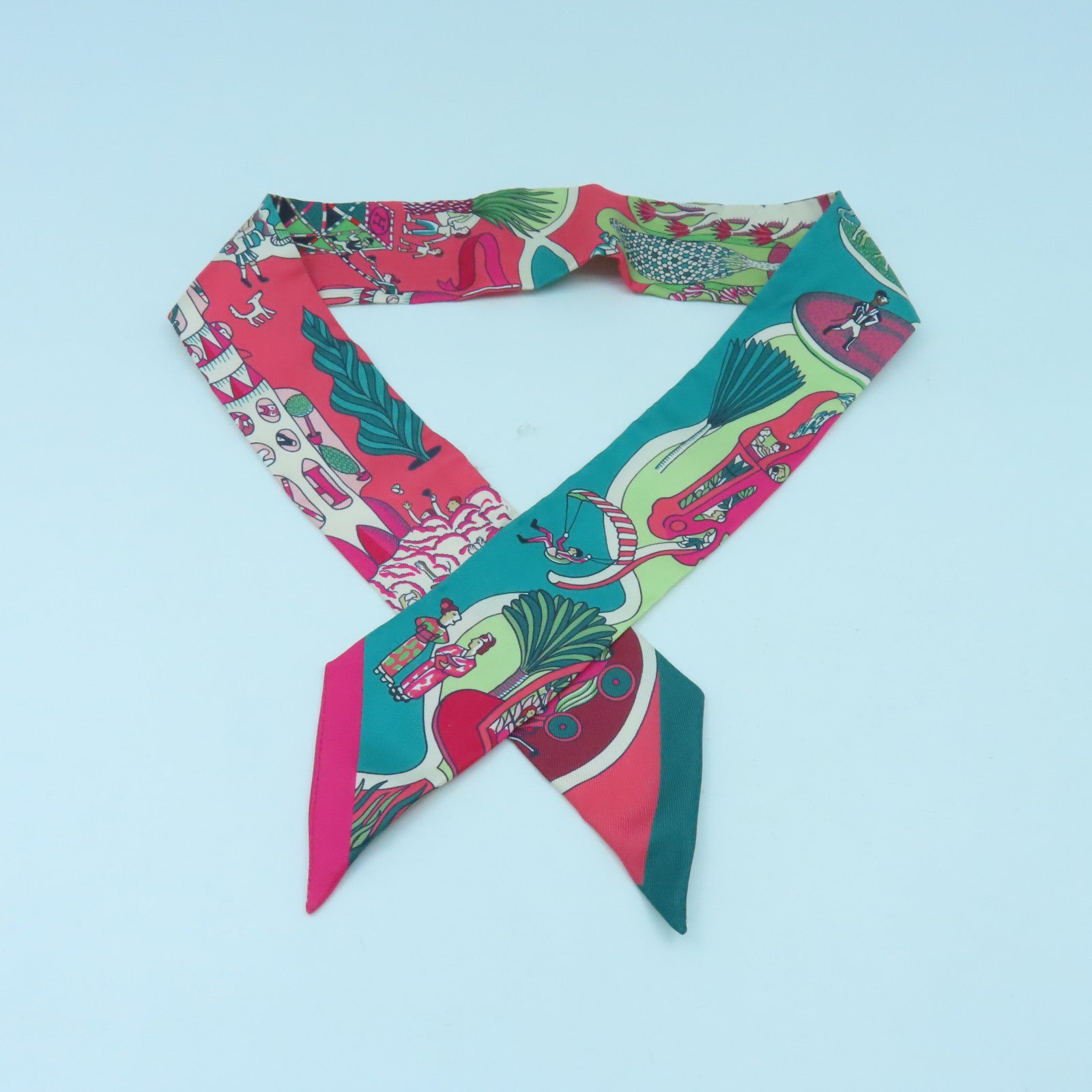 HERMES 絲質Twilly絲巾粉紅色/彩色