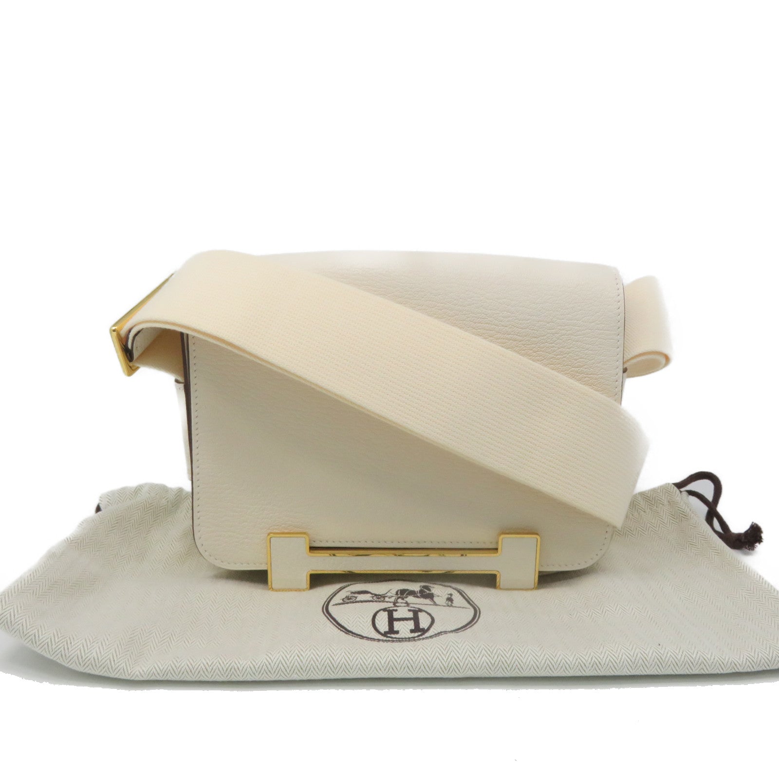 HERMES 【激減優惠】Chevre皮革Geta Shoulder Bag金扣肩背袋Nata米白色
