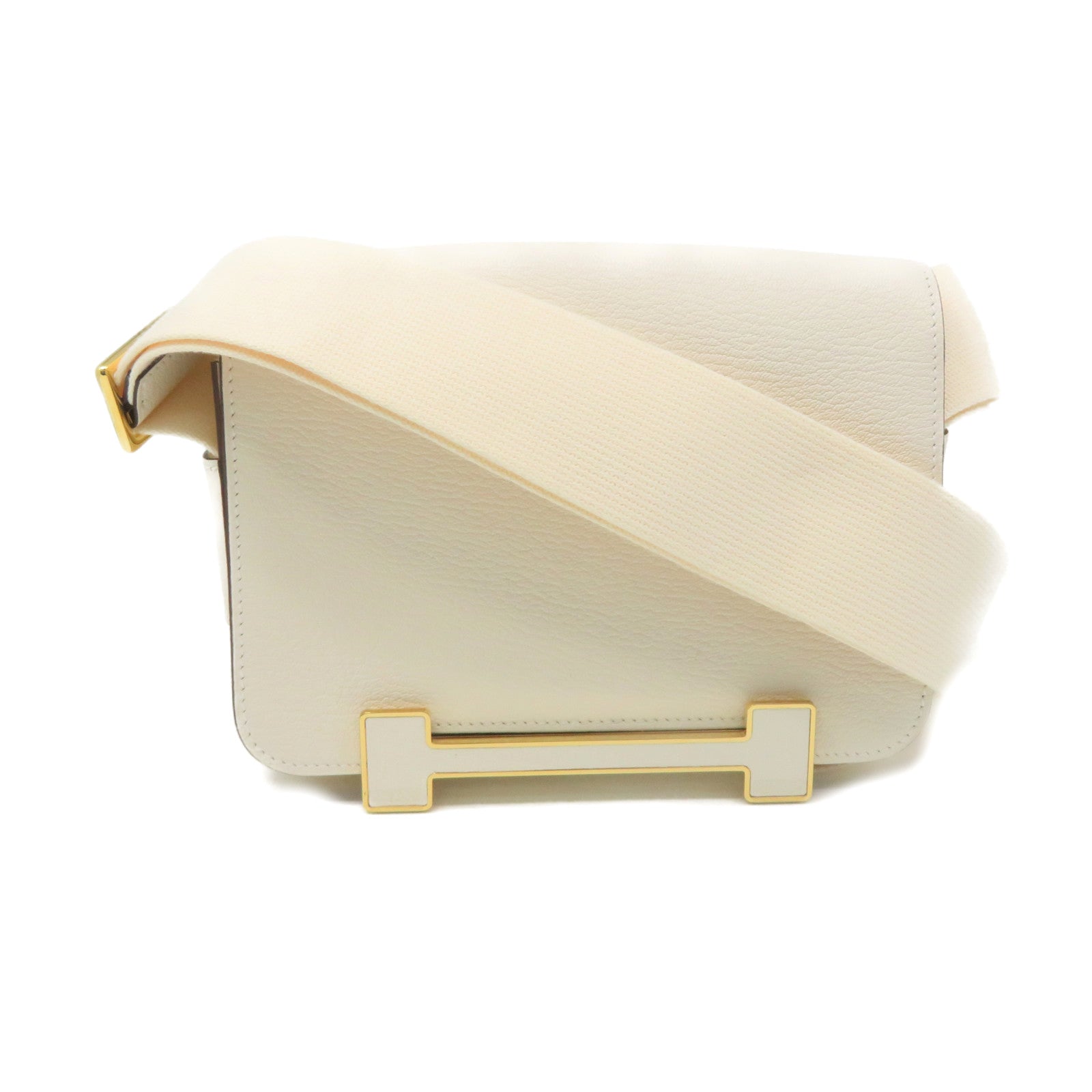 HERMES 【激減優惠】Chevre皮革Geta Shoulder Bag金扣肩背袋Nata米白色
