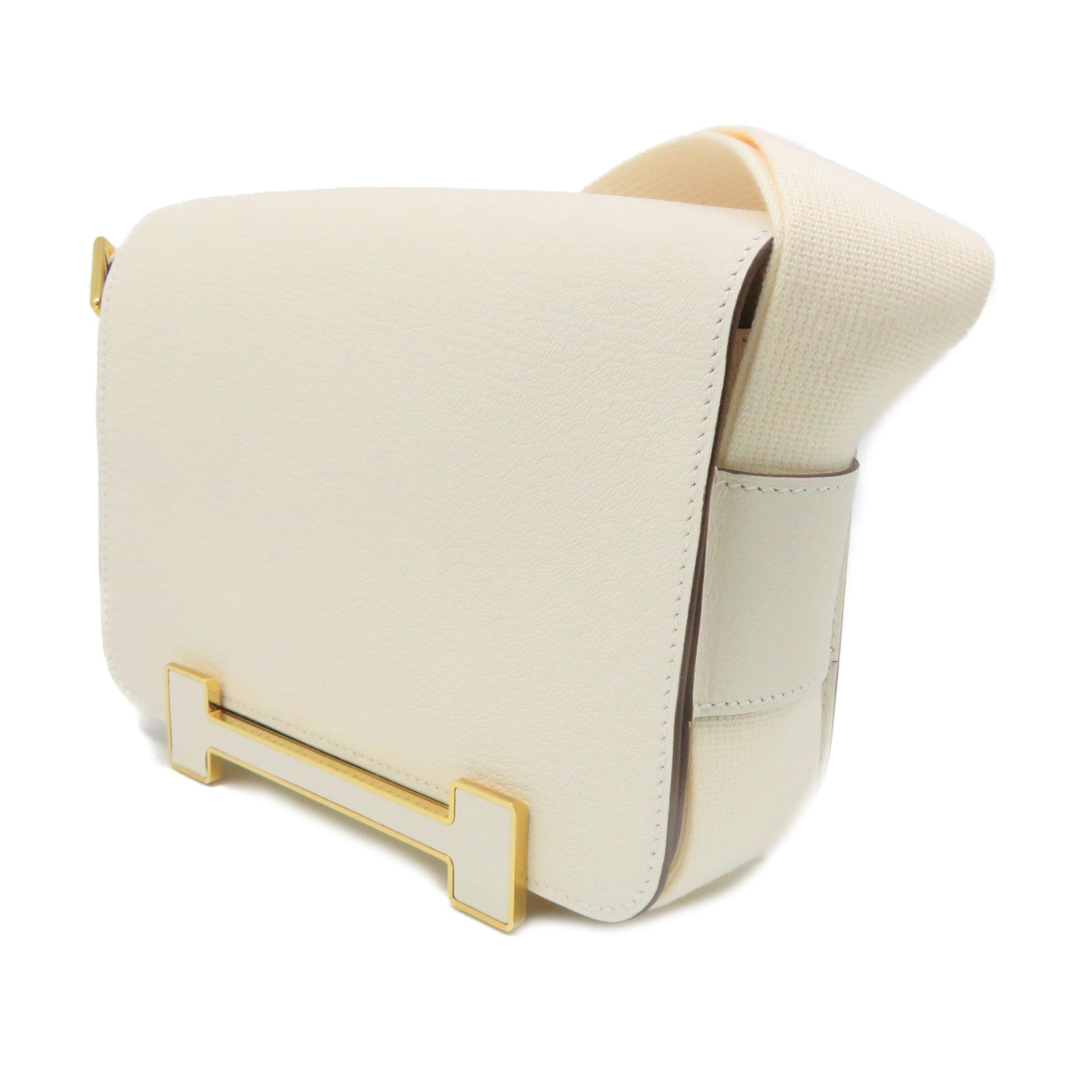 HERMES 【激減優惠】Chevre皮革Geta Shoulder Bag金扣肩背袋Nata米白色