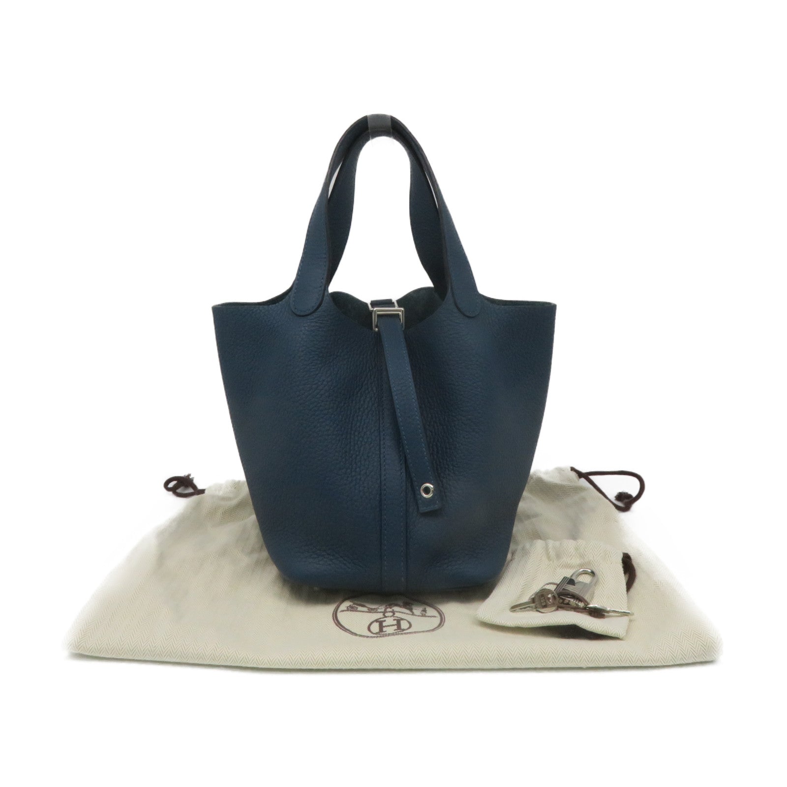 HERMES Clemence Leather Picotin PM Tote Bag Silver Buckle 1P Green Blue