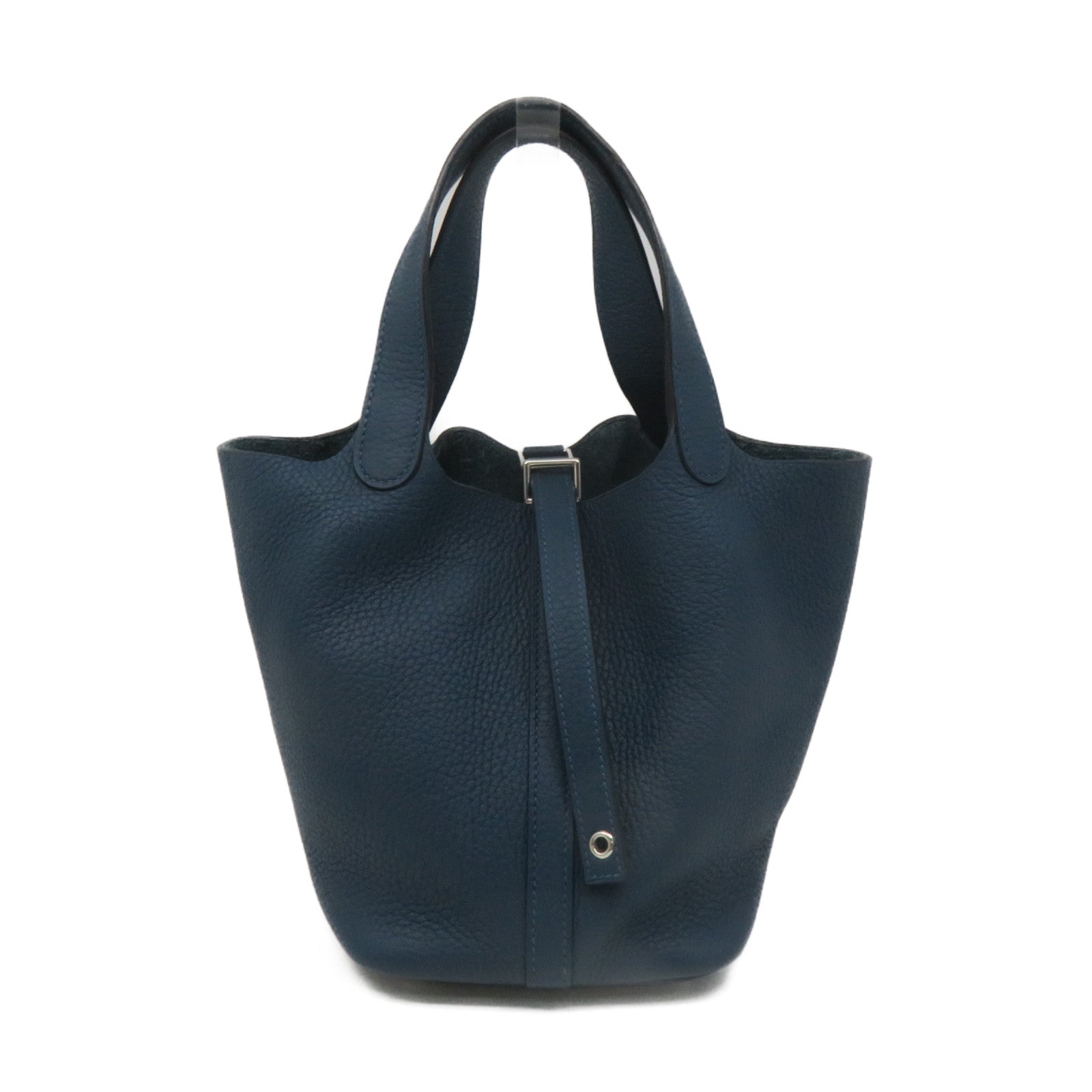 HERMES Clemence Leather Picotin PM Tote Bag Silver Buckle 1P Green Blue