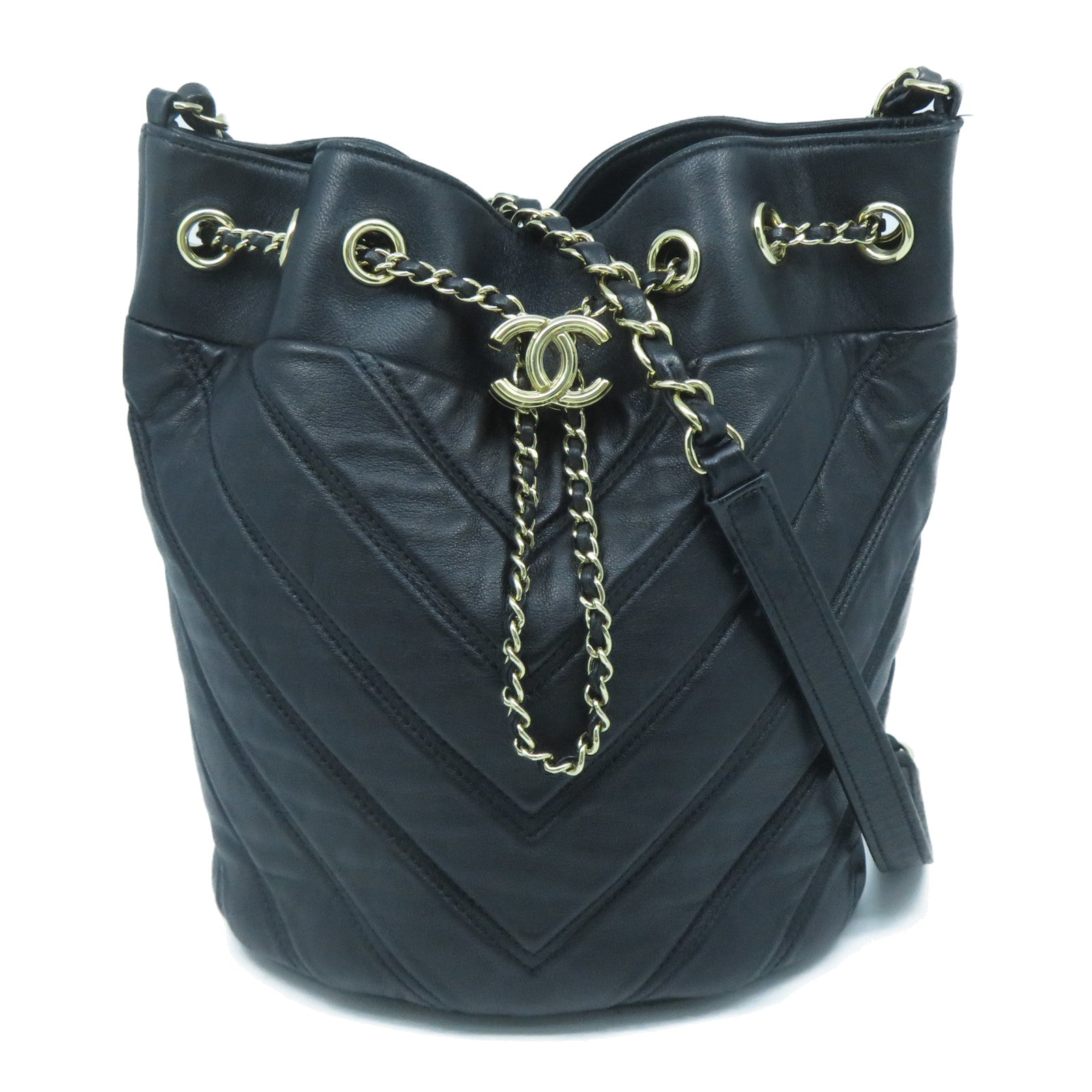 CHANEL 斜紋羊皮皮革Chain Shoulder Bag金扣鏈帶肩背袋黑色