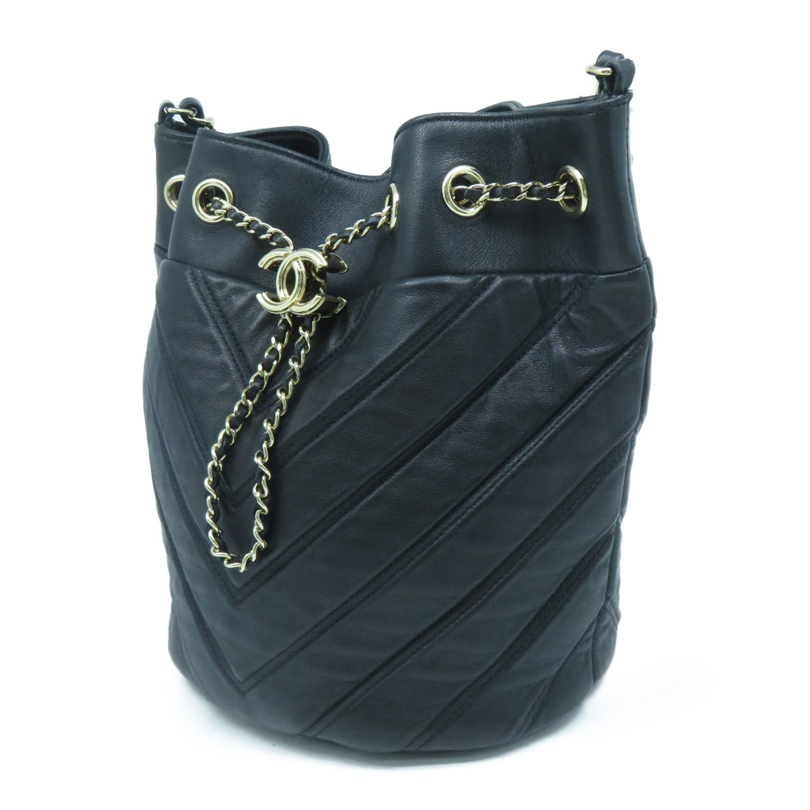 CHANEL 斜紋羊皮皮革Chain Shoulder Bag金扣鏈帶肩背袋黑色