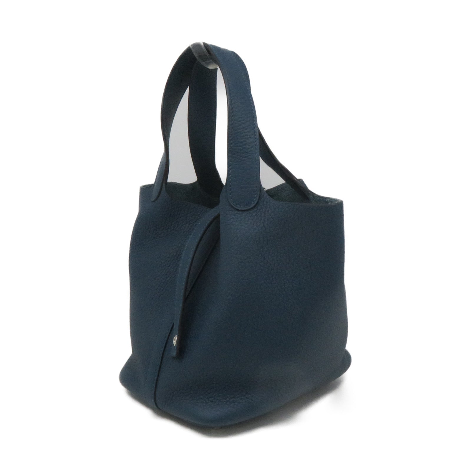 HERMES Clemence Leather Picotin PM Tote Bag Silver Buckle 1P Green Blue