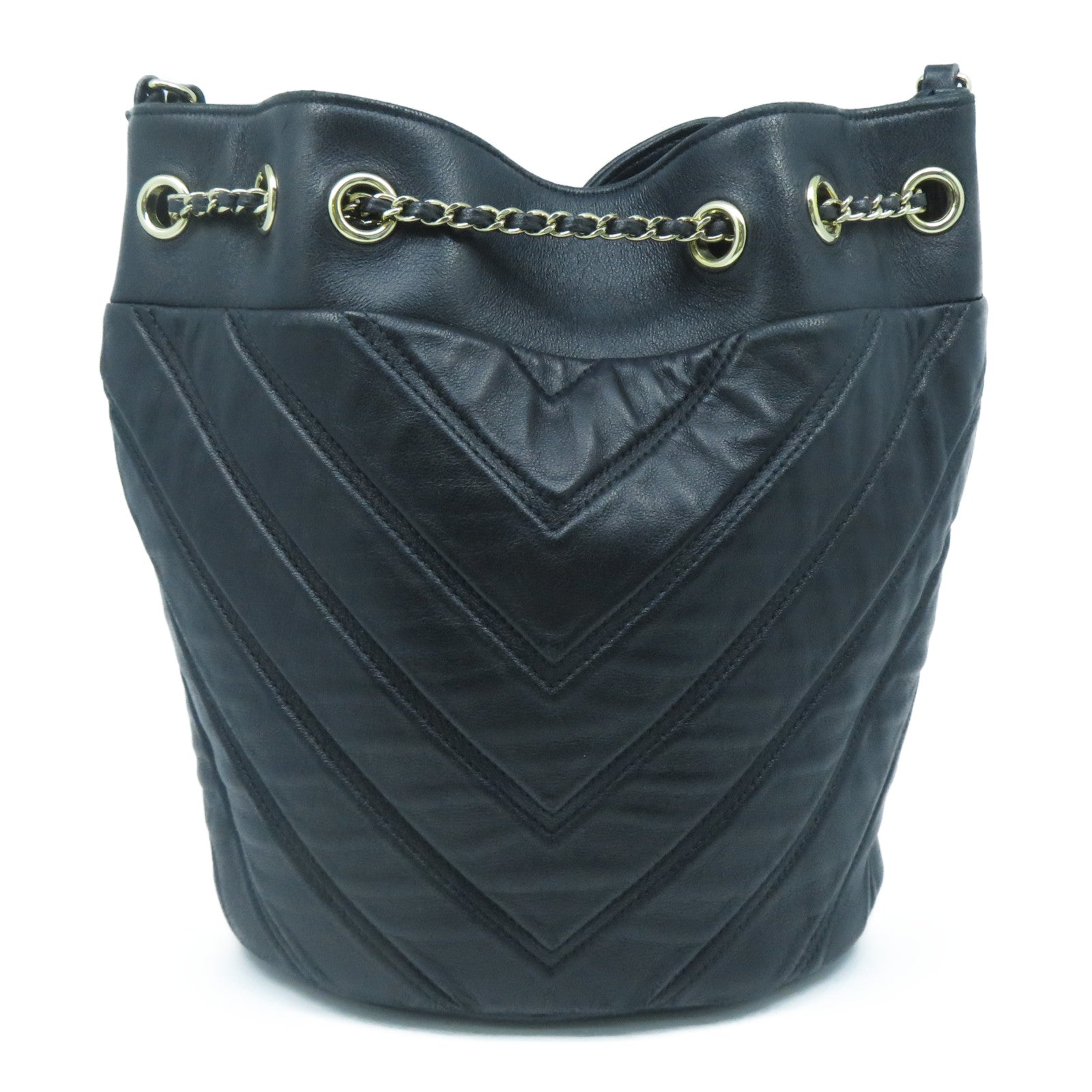 CHANEL 斜紋羊皮皮革Chain Shoulder Bag金扣鏈帶肩背袋黑色