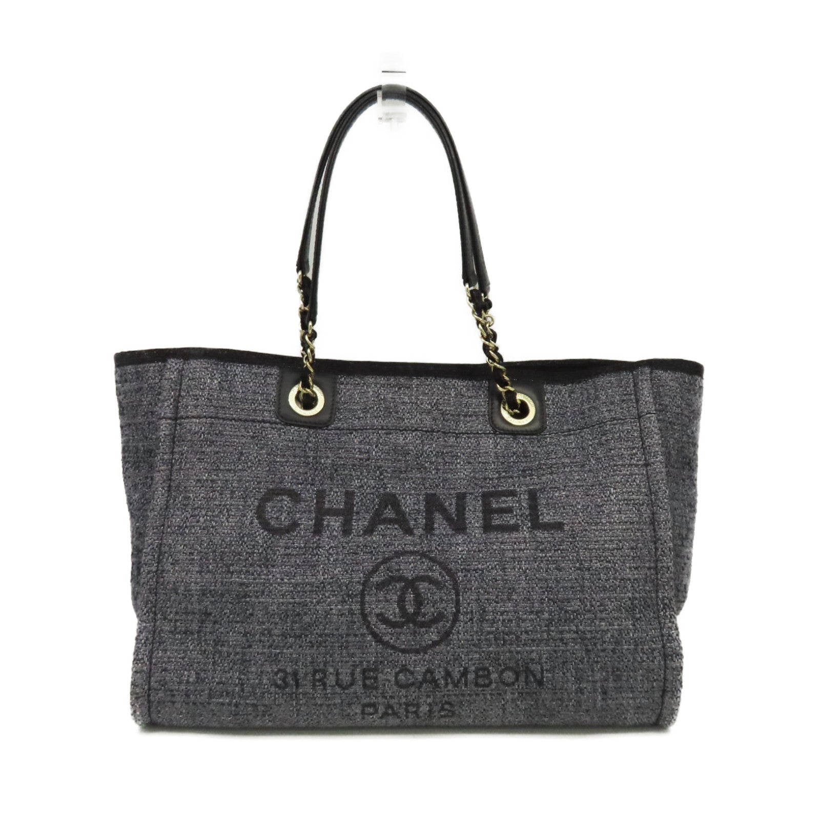 CHANEL 帆布Deauville Tote Bag金扣鏈帶肩背袋灰藍色