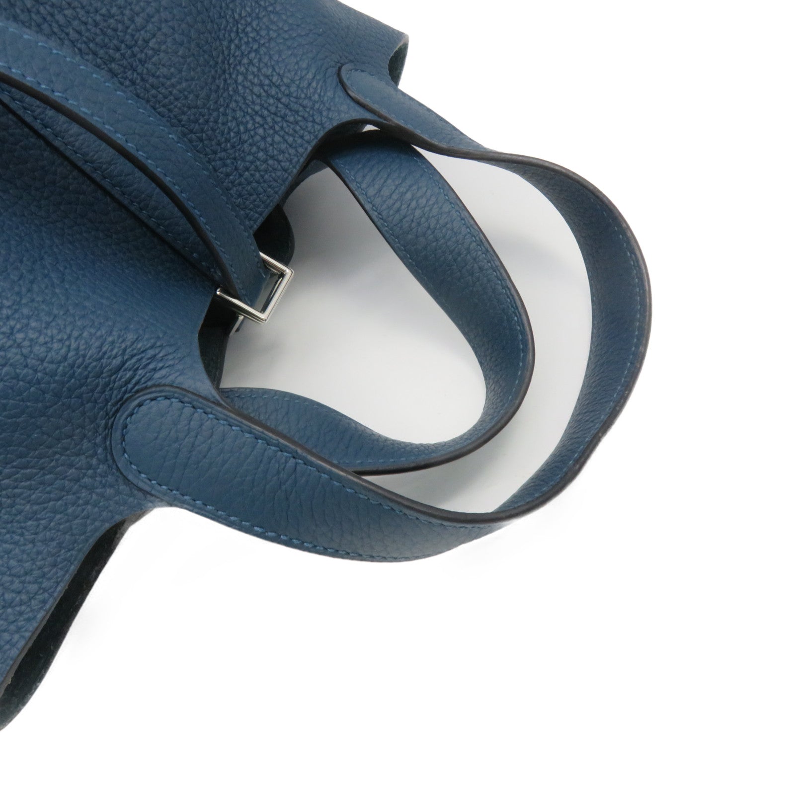 HERMES Clemence Leather Picotin PM Tote Bag Silver Buckle 1P Green Blue