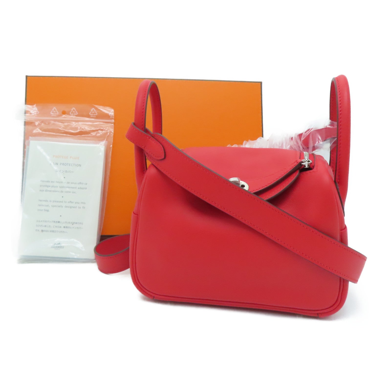 HERMES 【激减优惠】Swift皮革Mini Lindy银扣肩背袋Rose De Coeur红色