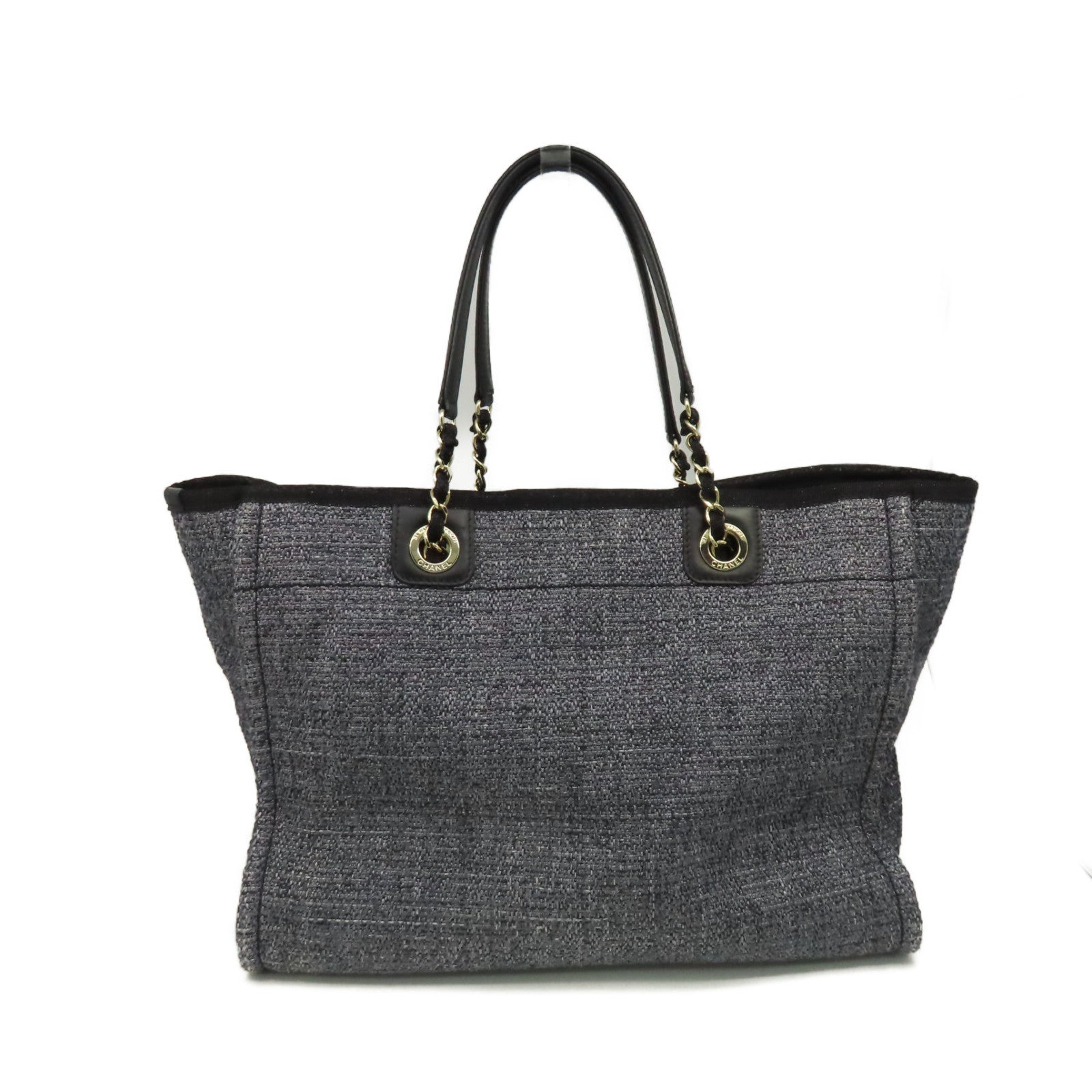 CHANEL 帆布Deauville Tote Bag金扣鏈帶肩背袋灰藍色