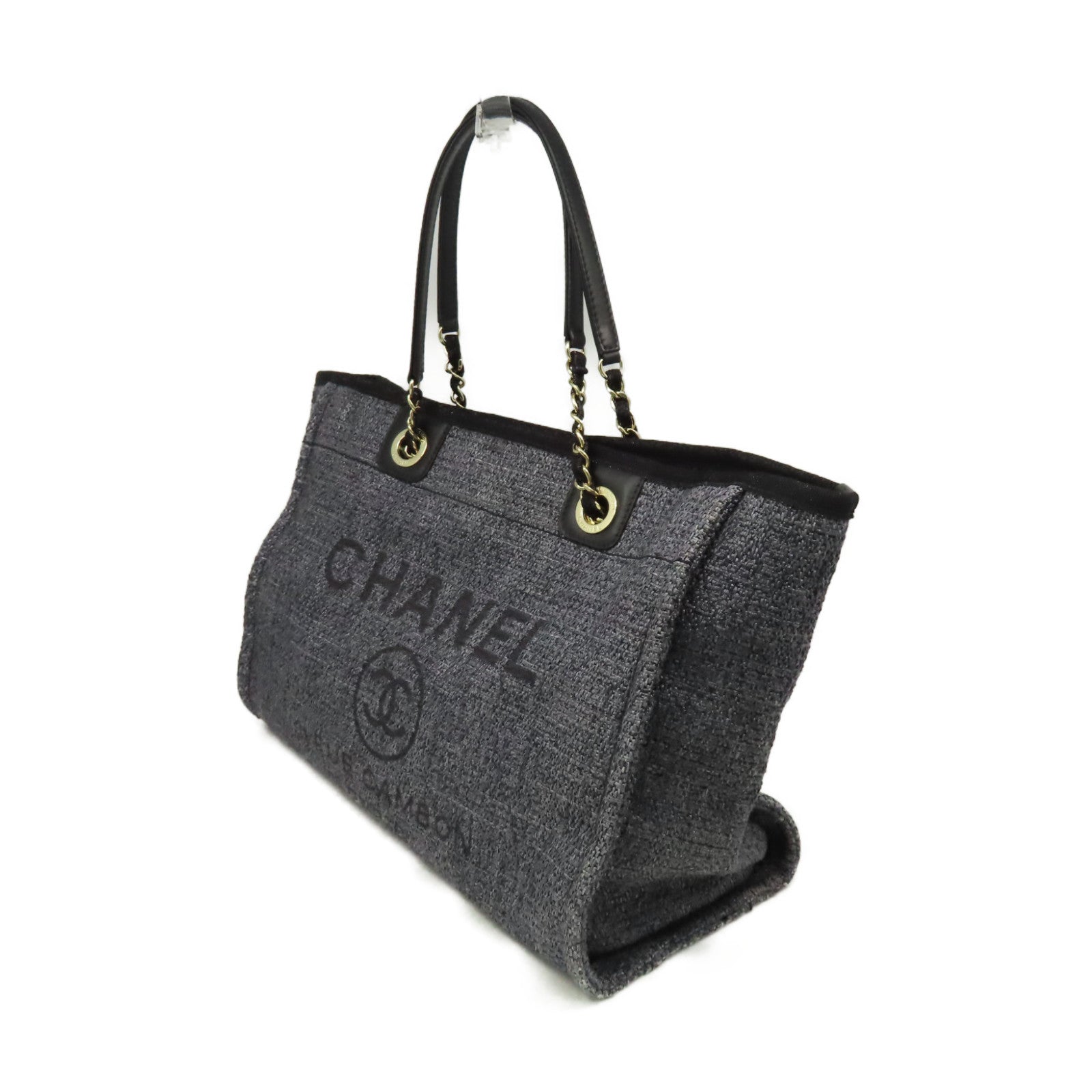 CHANEL 帆布Deauville Tote Bag金扣鏈帶肩背袋灰藍色– Brand Off