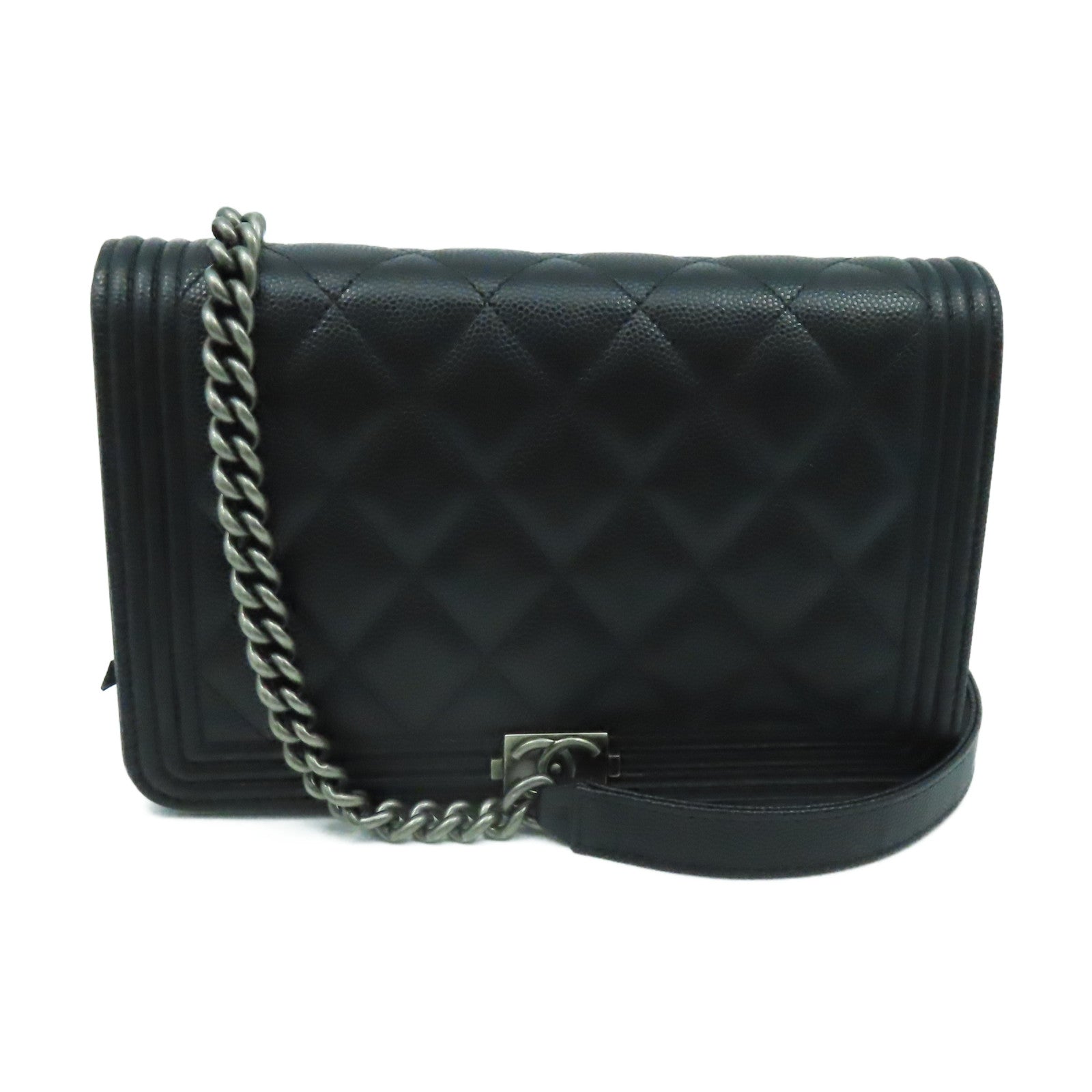 CHANEL 菱格Caviar皮革WOC Wallet On Chain Shoulder Bag銀扣鏈帶肩帶袋黑色
