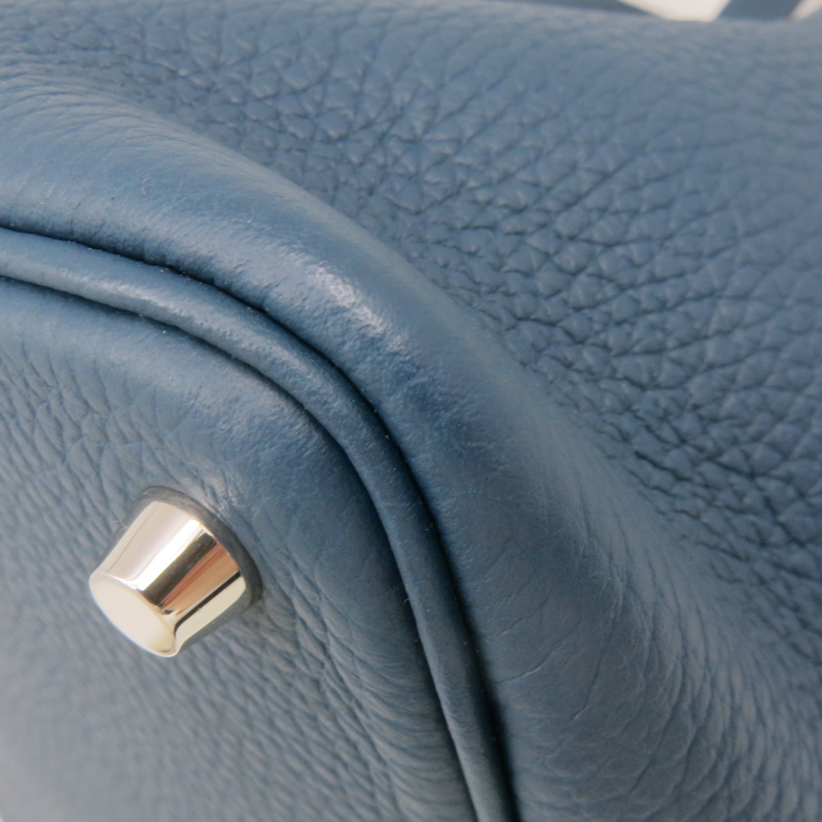 HERMES Clemence Leather Picotin PM Tote Bag Silver Buckle 1P Green Blue