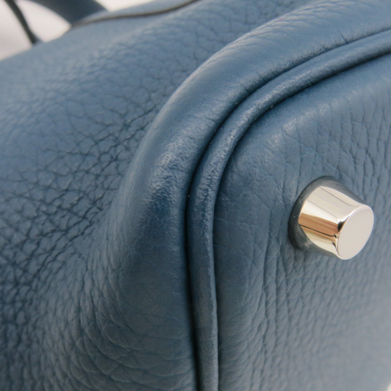 HERMES Clemence Leather Picotin PM Tote Bag Silver Buckle 1P Green Blue