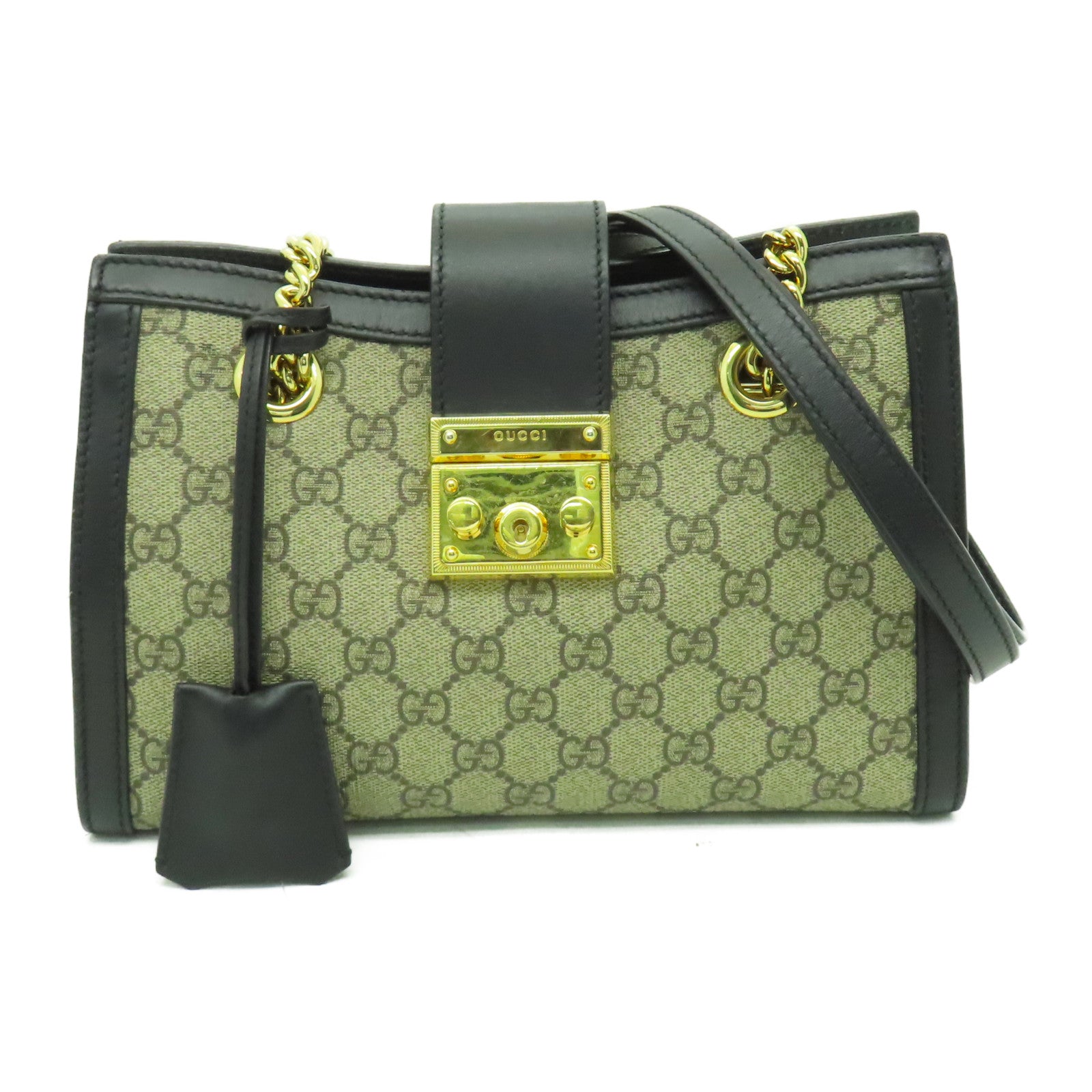 GUCCI 塗層帆布Chain Shoulder金扣鏈帶肩背袋黑色