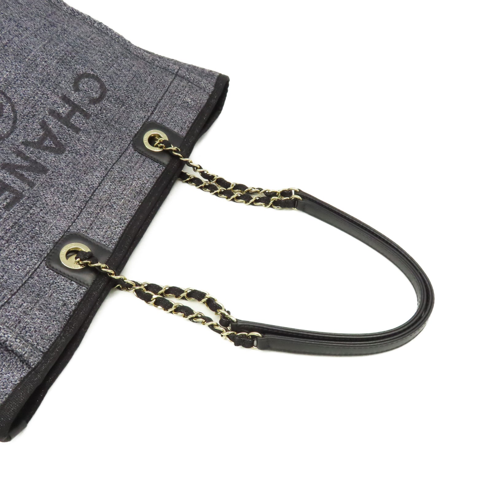 CHANEL 帆布Deauville Tote Bag金扣鏈帶肩背袋灰藍色
