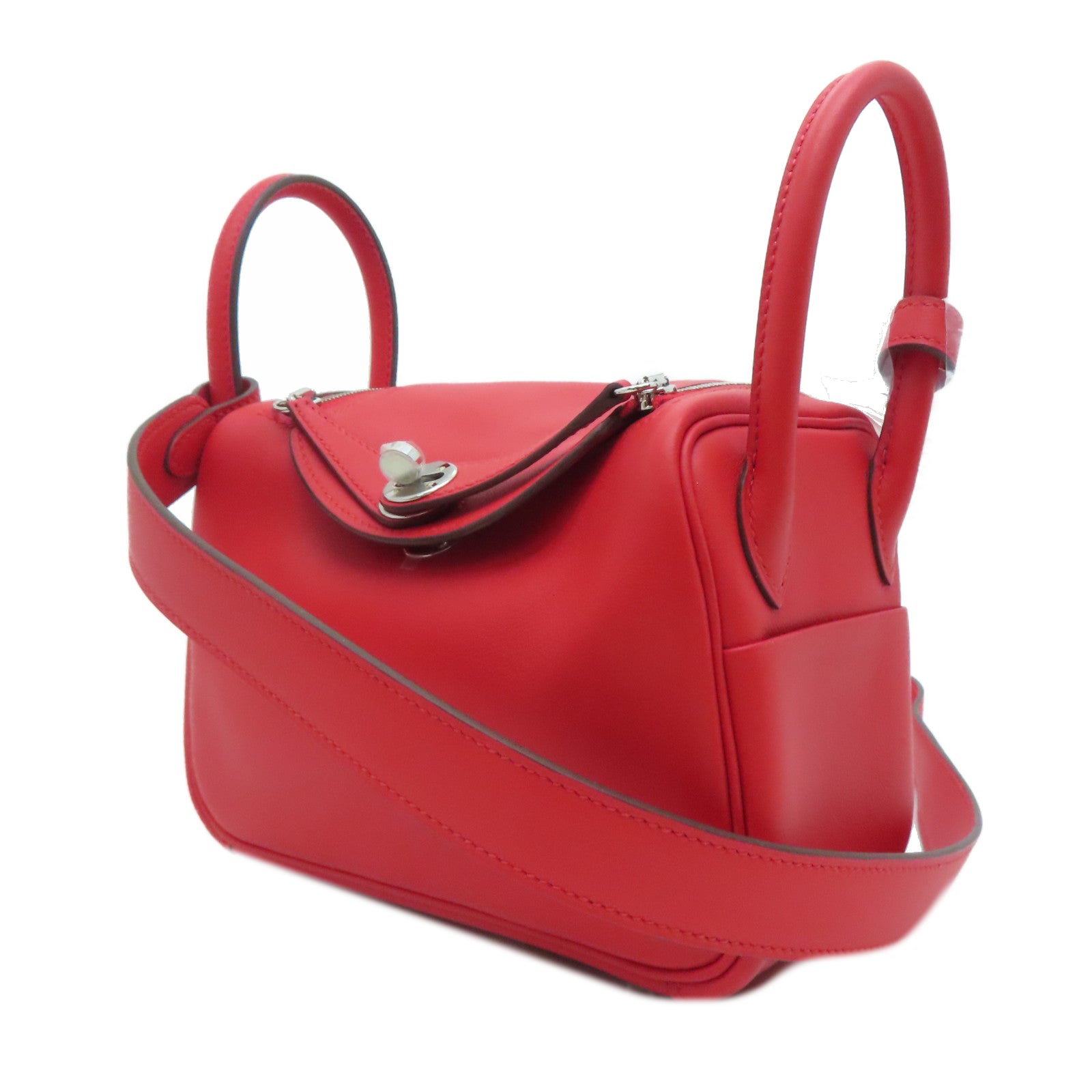 HERMES 【激减优惠】Swift皮革Mini Lindy银扣肩背袋Rose De Coeur红色