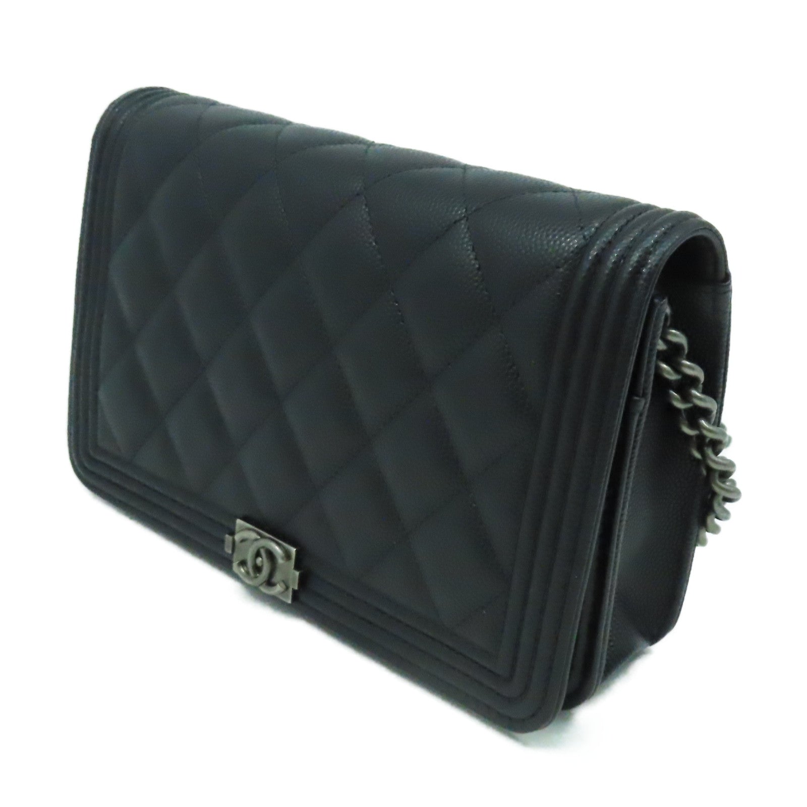 CHANEL 菱格Caviar皮革WOC Wallet On Chain Shoulder Bag銀扣鏈帶肩帶袋黑色