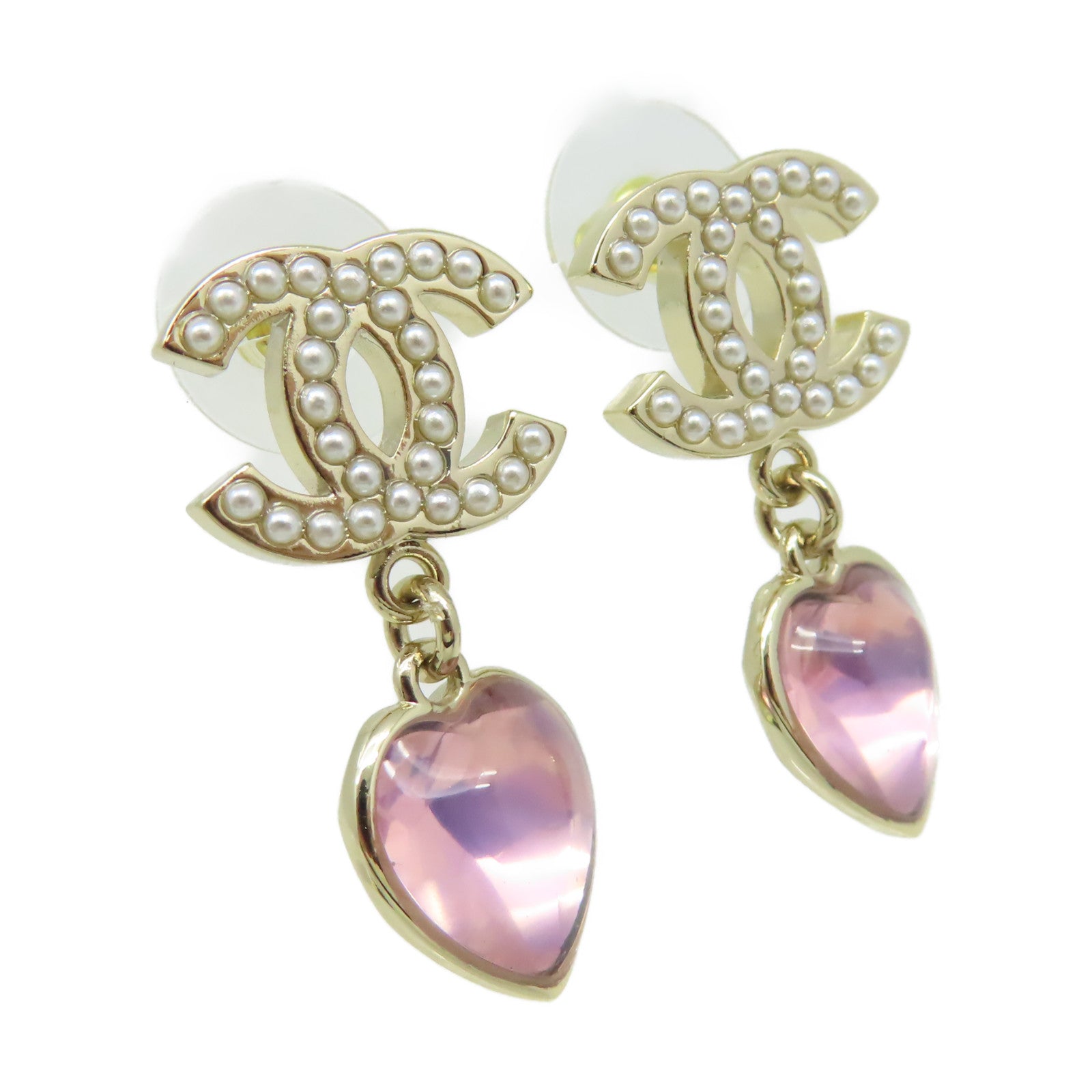 CHANEL 金屬/仿珍珠CC Earrings耳環粉紅色/金色
