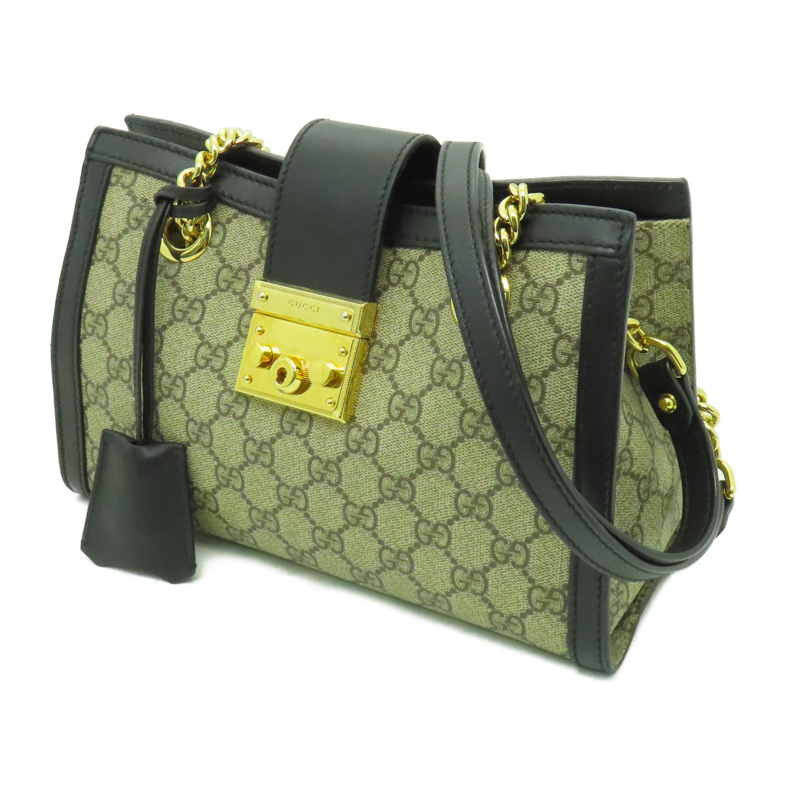 GUCCI 塗層帆布Chain Shoulder金扣鏈帶肩背袋黑色