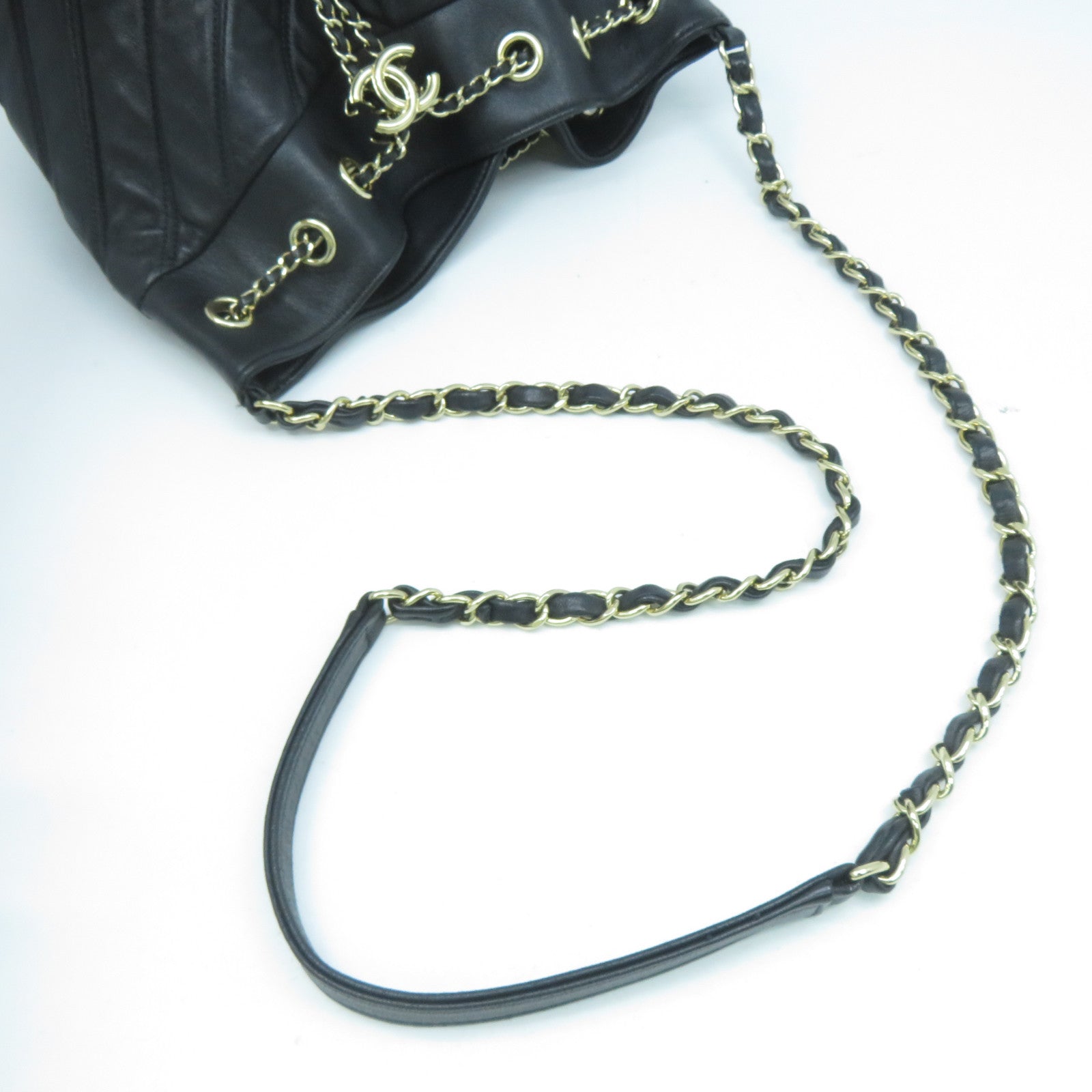 CHANEL 斜紋羊皮皮革Chain Shoulder Bag金扣鏈帶肩背袋黑色