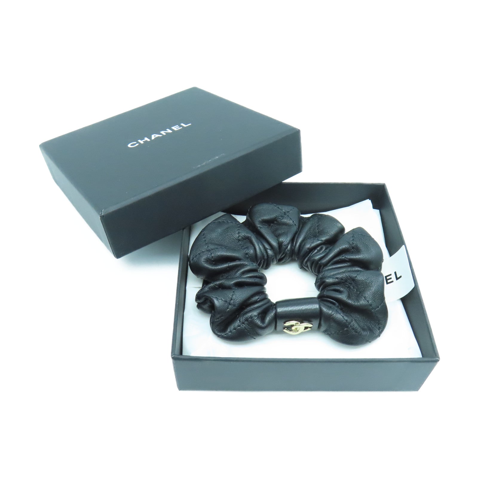 CHANEL 羊皮皮革Hair Band金扣髮帶黑色