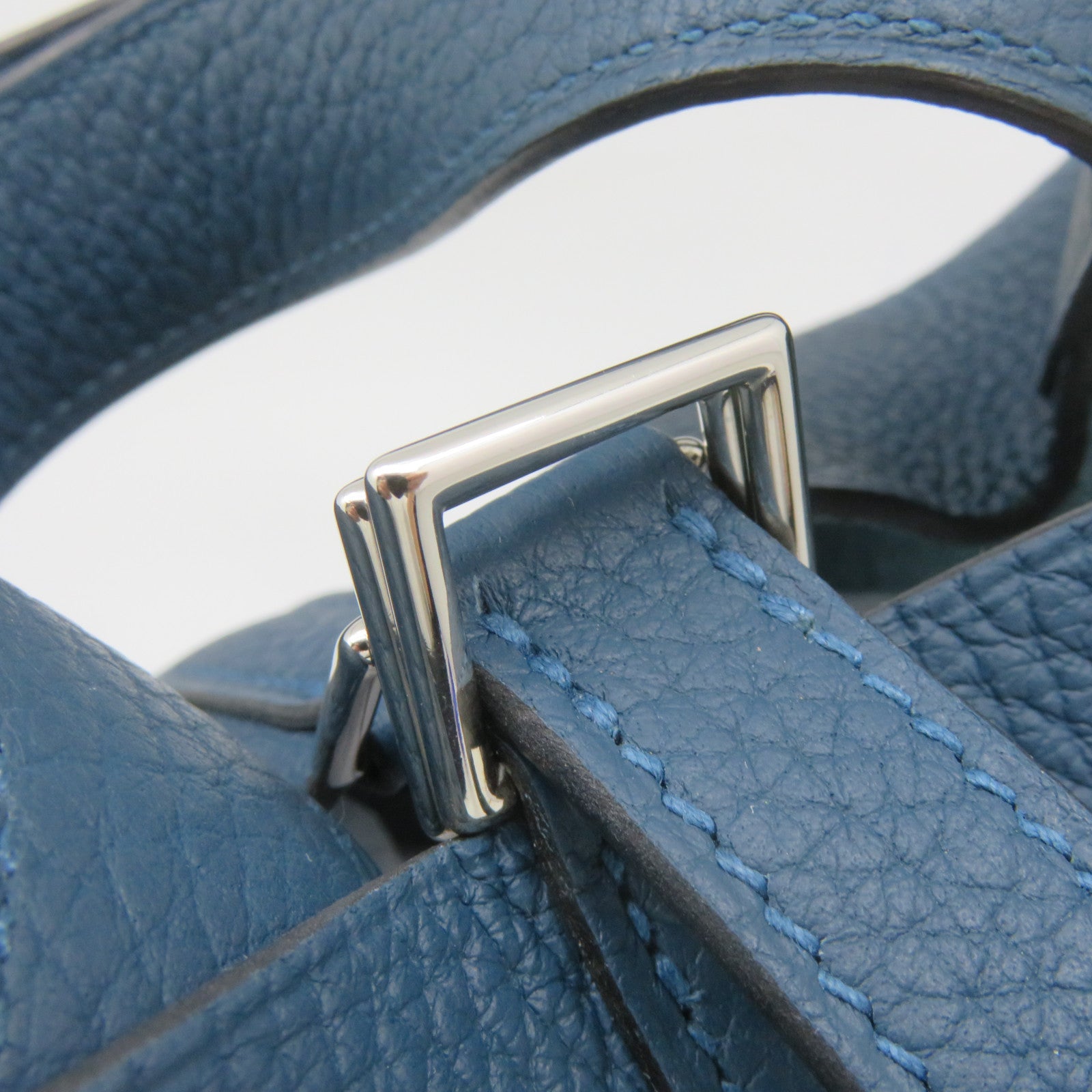 HERMES Clemence Leather Picotin PM Tote Bag Silver Buckle 1P Green Blue