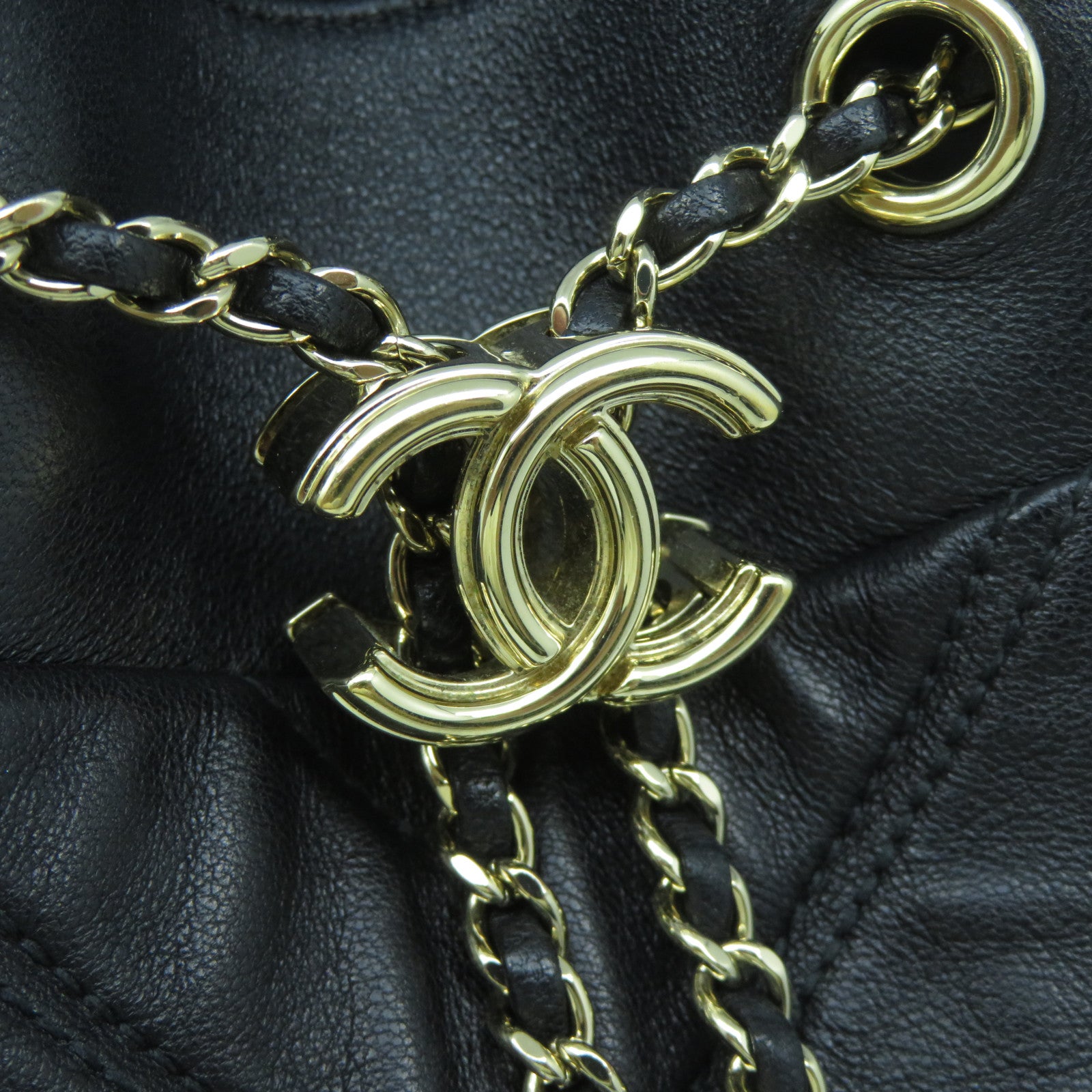 CHANEL 斜紋羊皮皮革Chain Shoulder Bag金扣鏈帶肩背袋黑色