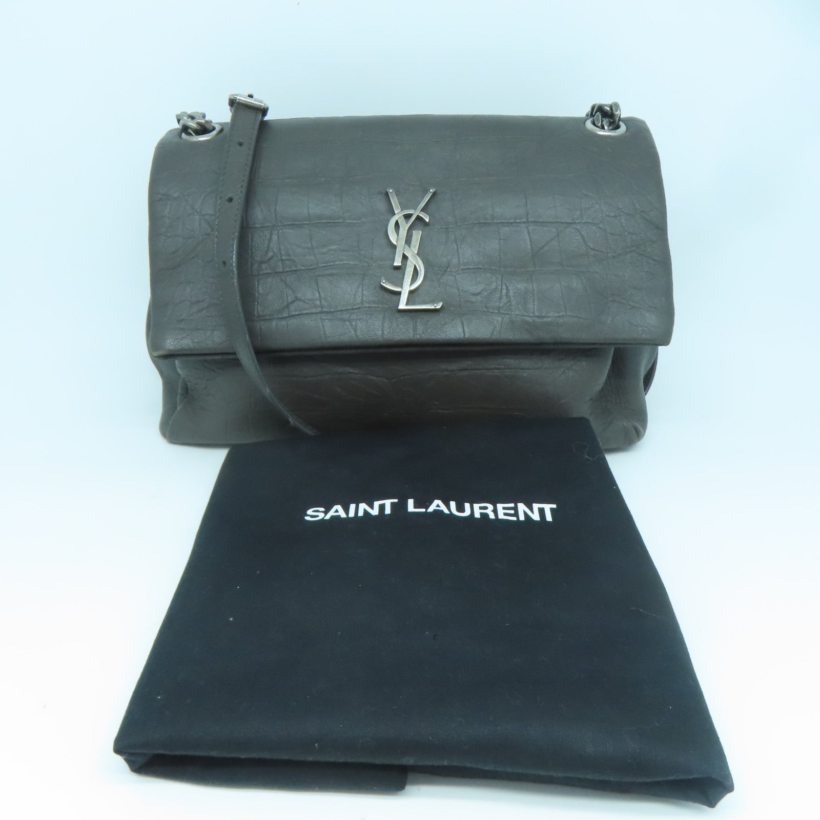 SAINT LAURENT 牛皮皮革West Hollywood銀扣肩背袋灰褐色