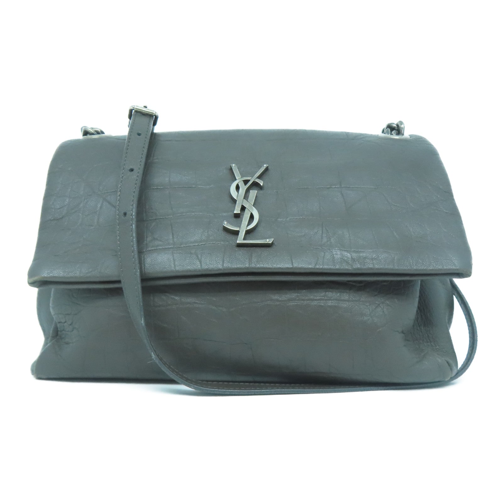 SAINT LAURENT 牛皮皮革West Hollywood銀扣肩背袋灰褐色