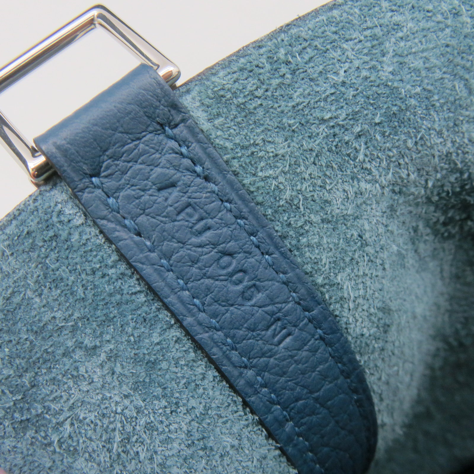 HERMES Clemence Leather Picotin PM Tote Bag Silver Buckle 1P Green Blue