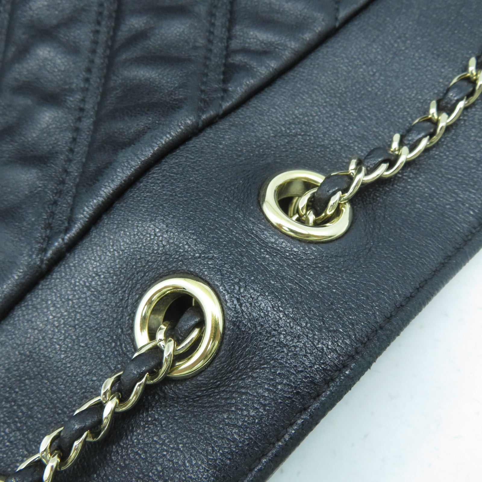 CHANEL 斜紋羊皮皮革Chain Shoulder Bag金扣鏈帶肩背袋黑色