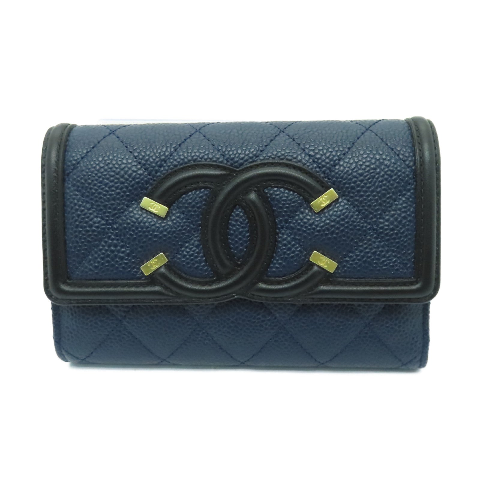 CHANEL 菱格Caviar皮革Wallet金扣錢包深藍色