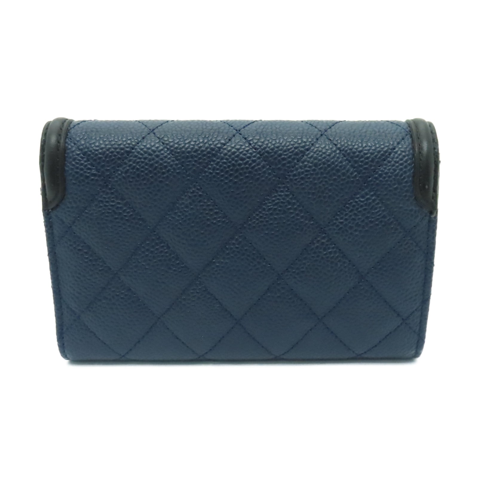 CHANEL 菱格Caviar皮革Wallet金扣錢包深藍色