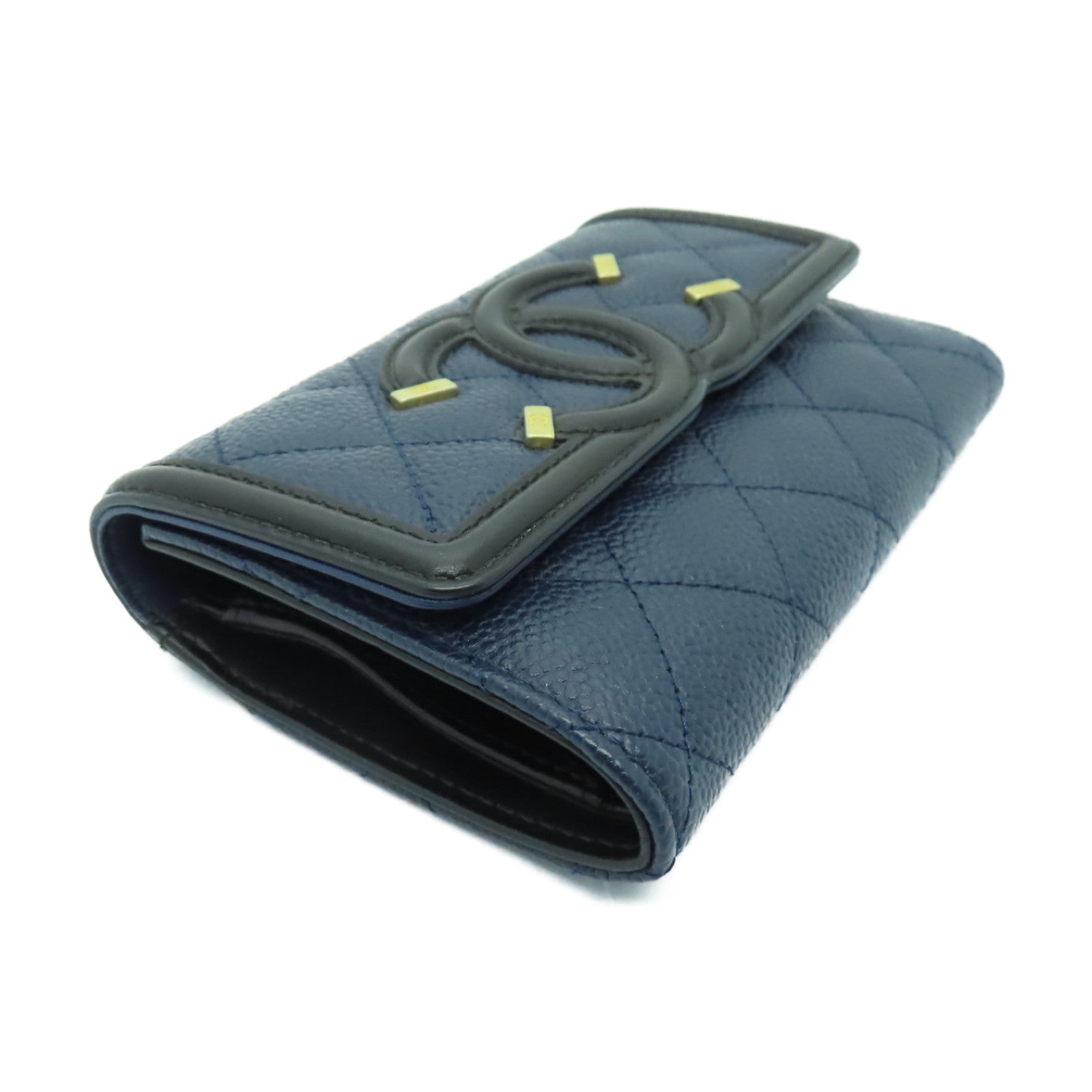 CHANEL 菱格Caviar皮革Wallet金扣錢包深藍色