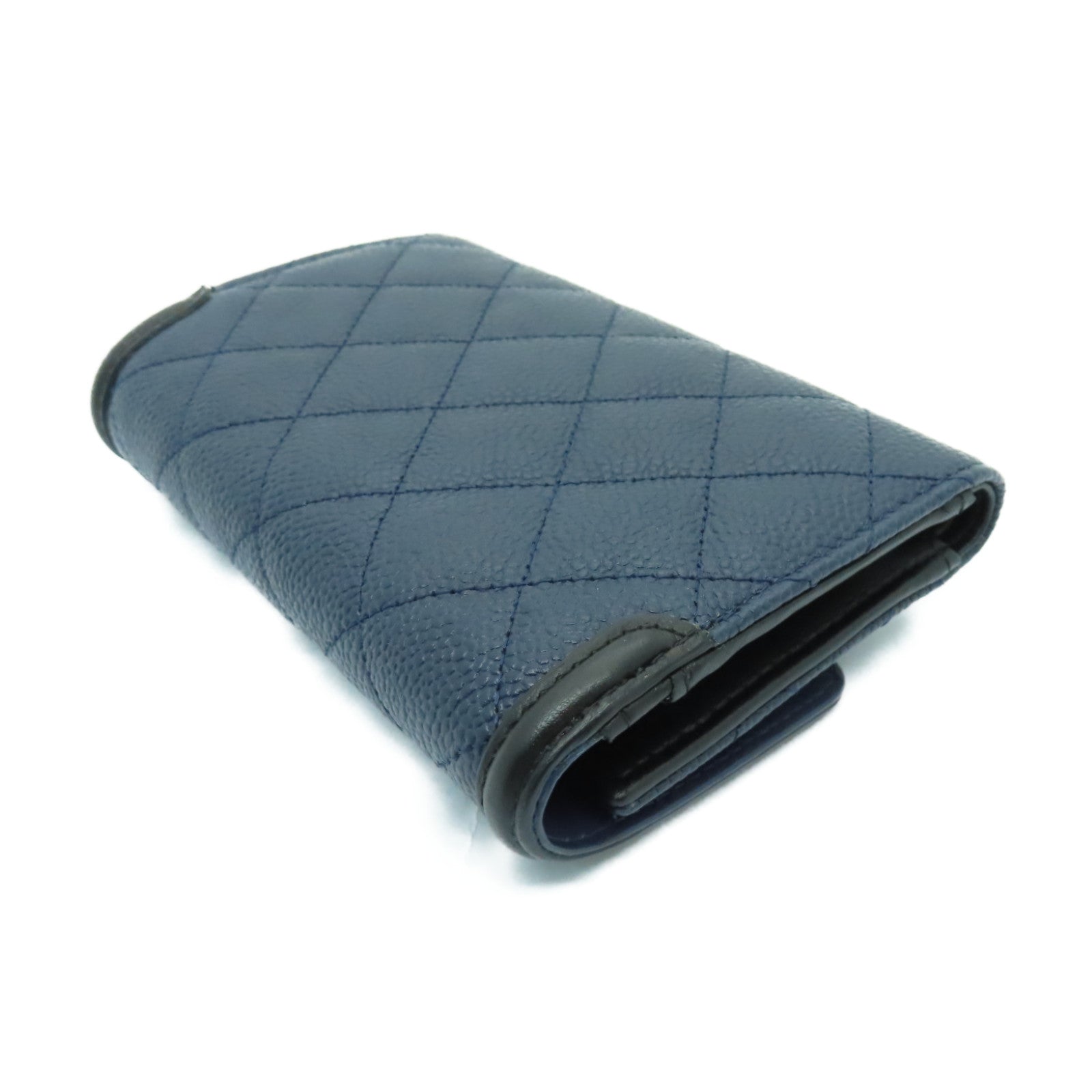 CHANEL 菱格Caviar皮革Wallet金扣錢包深藍色
