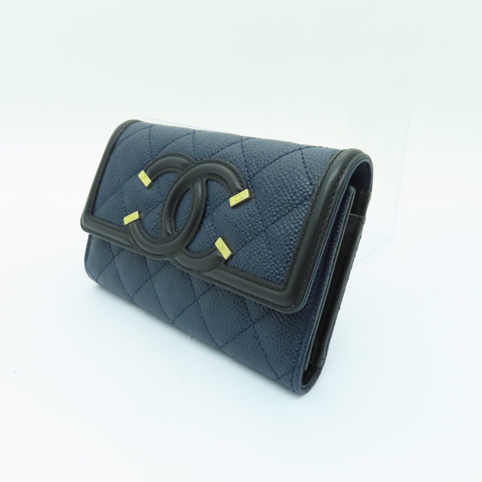 CHANEL 菱格Caviar皮革Wallet金扣錢包深藍色