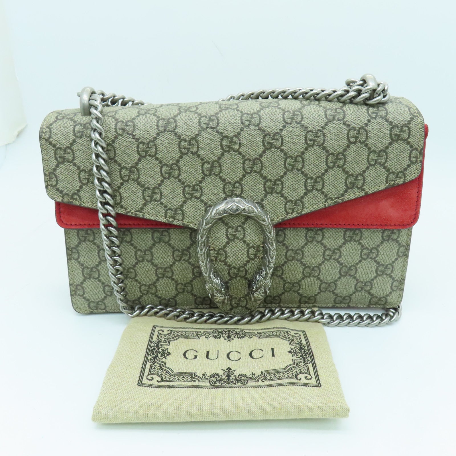 GUCCI 塗層帆布/麂皮皮革Chain Shoulder銀扣鏈帶肩背袋啡色/紅色