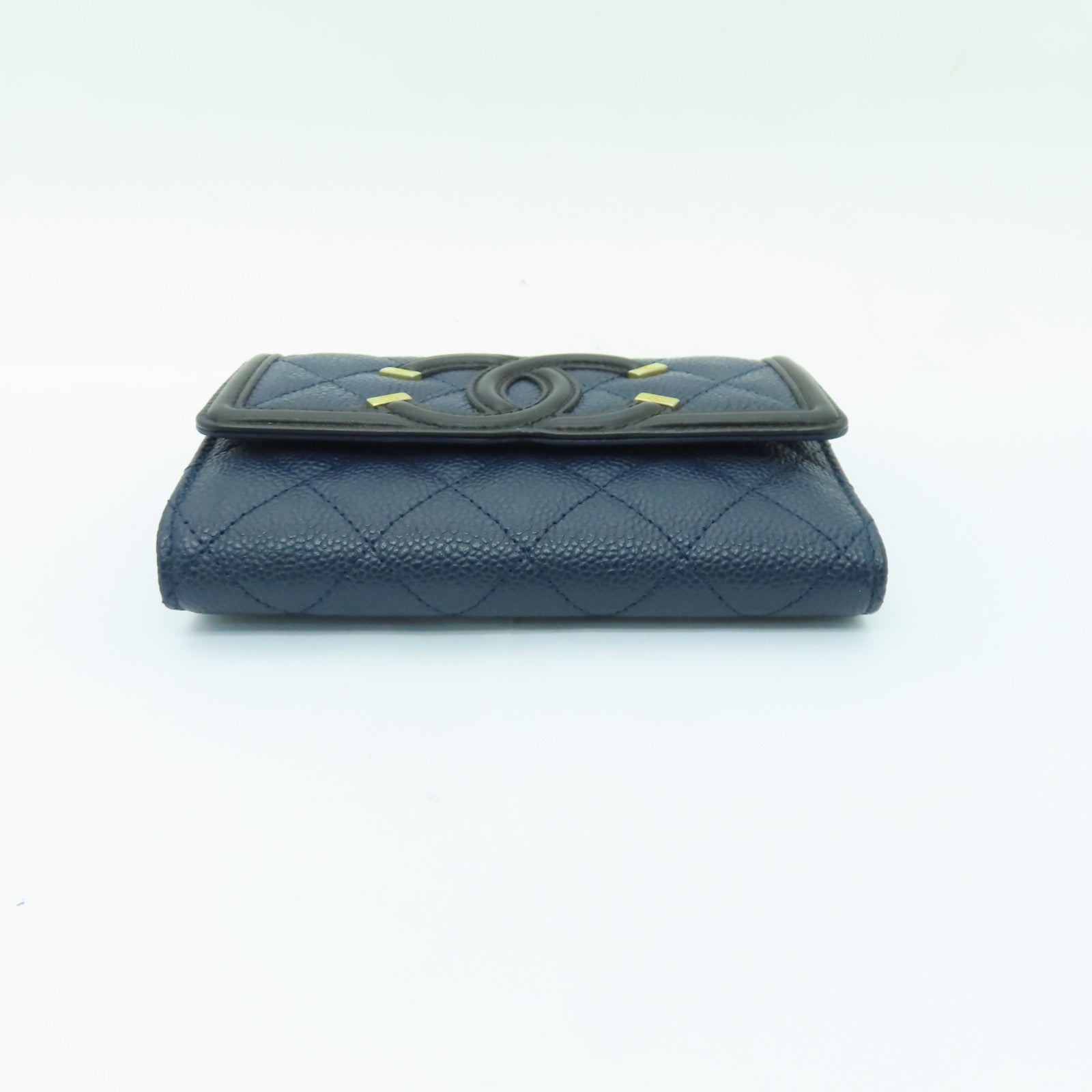 CHANEL 菱格Caviar皮革Wallet金扣錢包深藍色