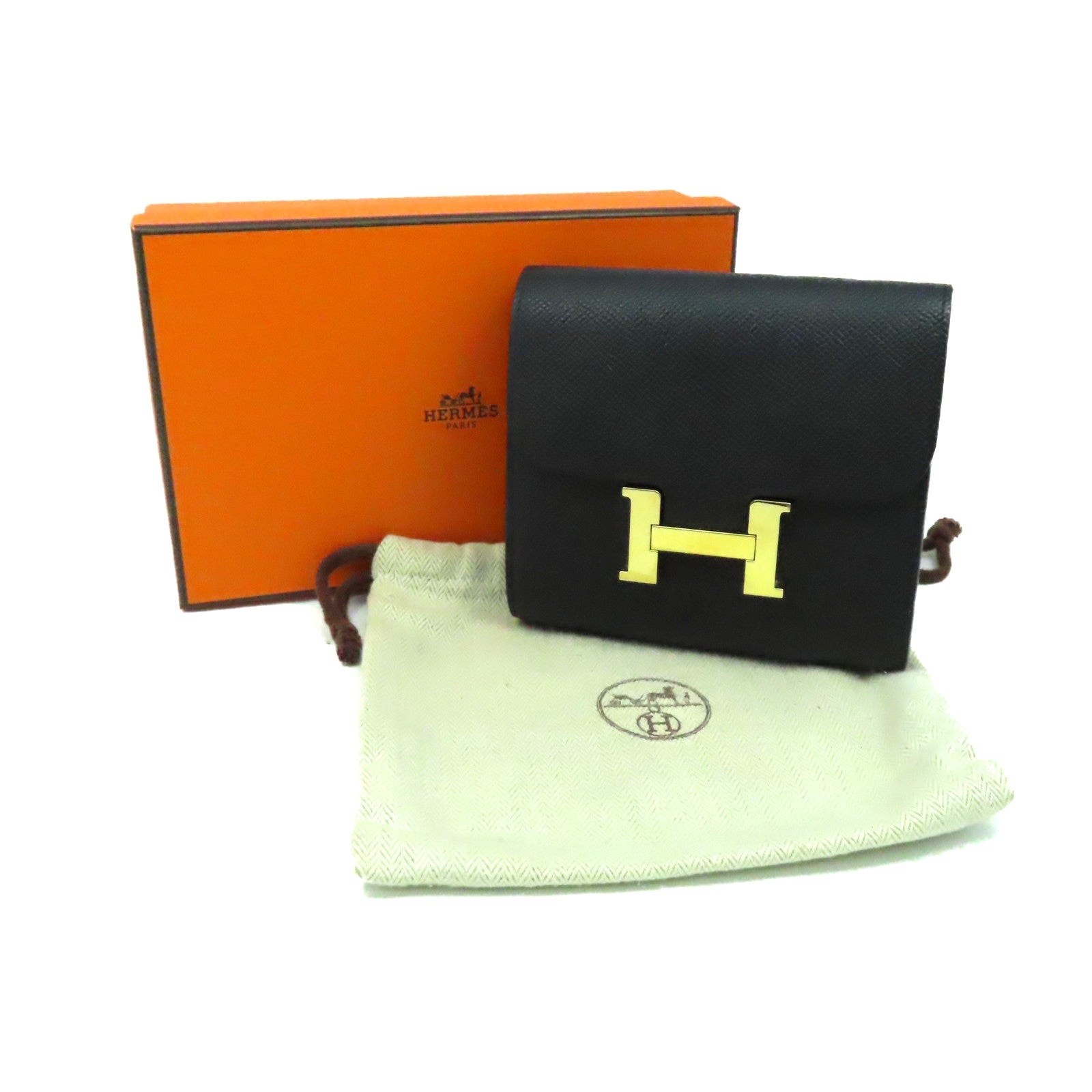 HERMES Epsom皮革Constance Wallet金扣短錢包Noir黑色
