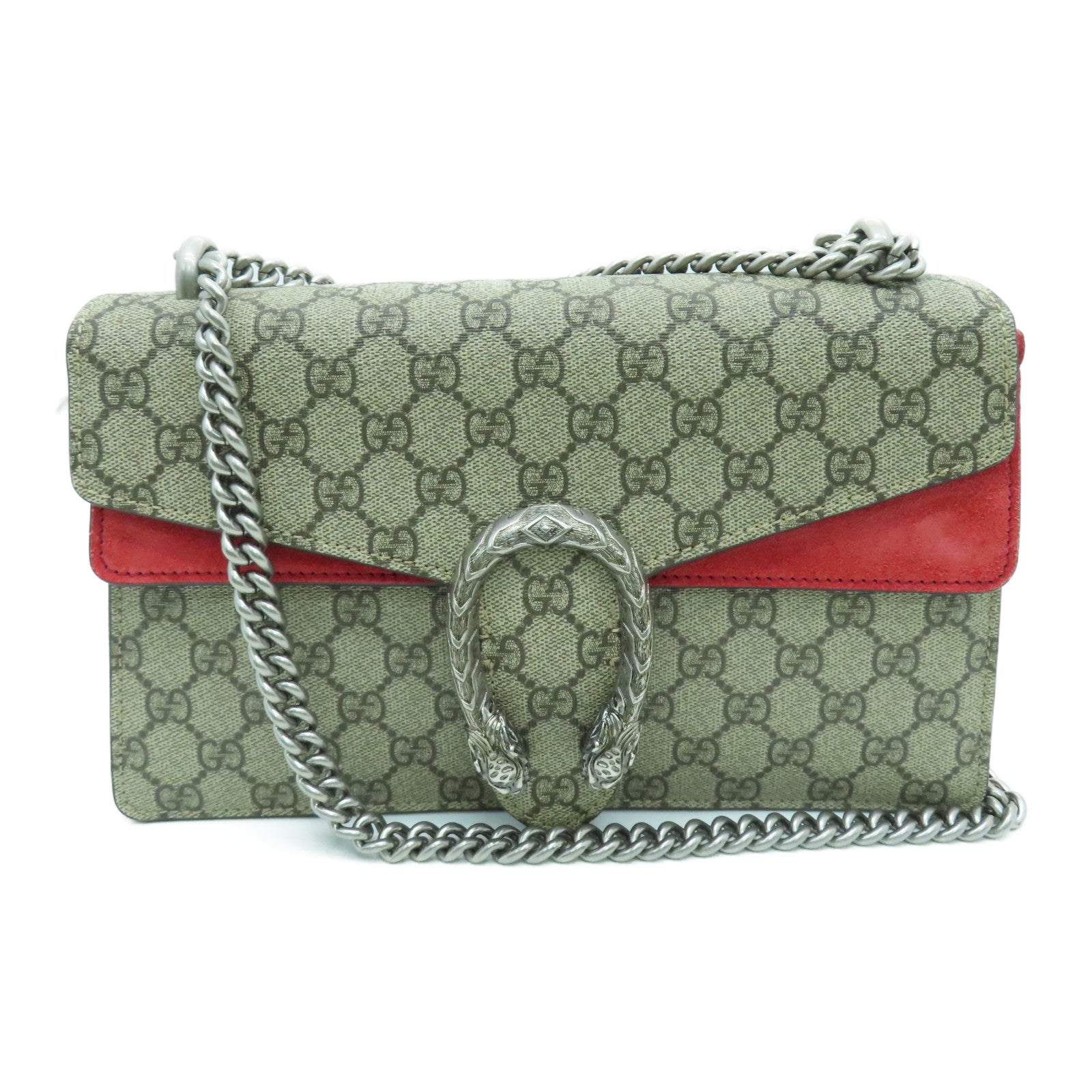 GUCCI 塗層帆布/麂皮皮革Chain Shoulder銀扣鏈帶肩背袋啡色/紅色