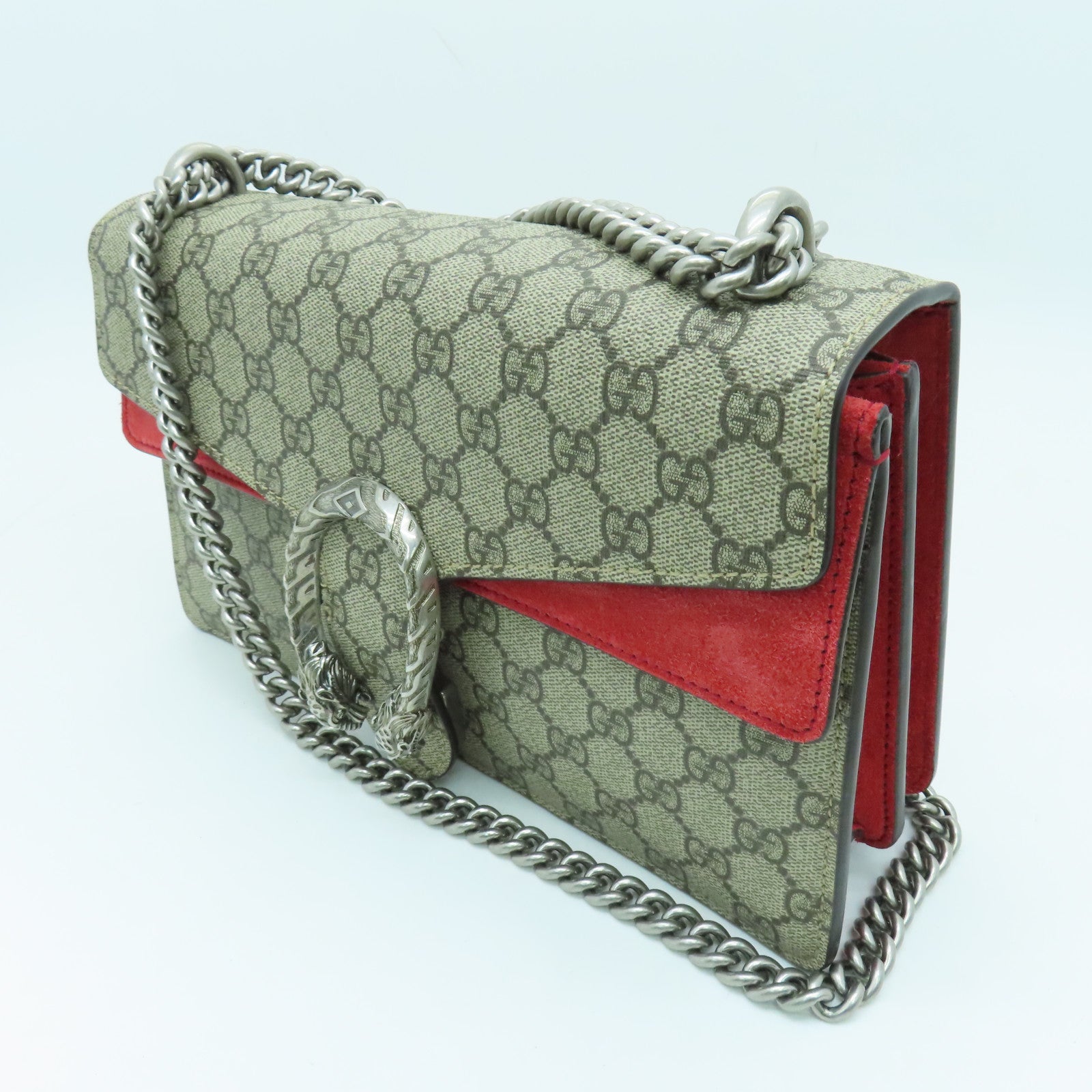 GUCCI 塗層帆布/麂皮皮革Chain Shoulder銀扣鏈帶肩背袋啡色/紅色