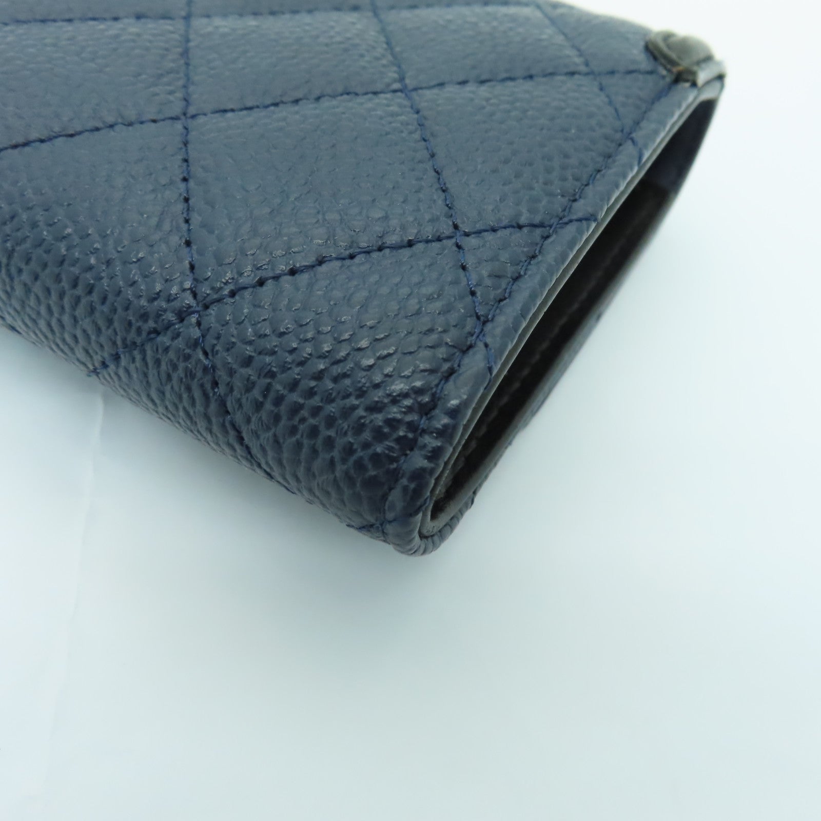 CHANEL 菱格Caviar皮革Wallet金扣錢包深藍色