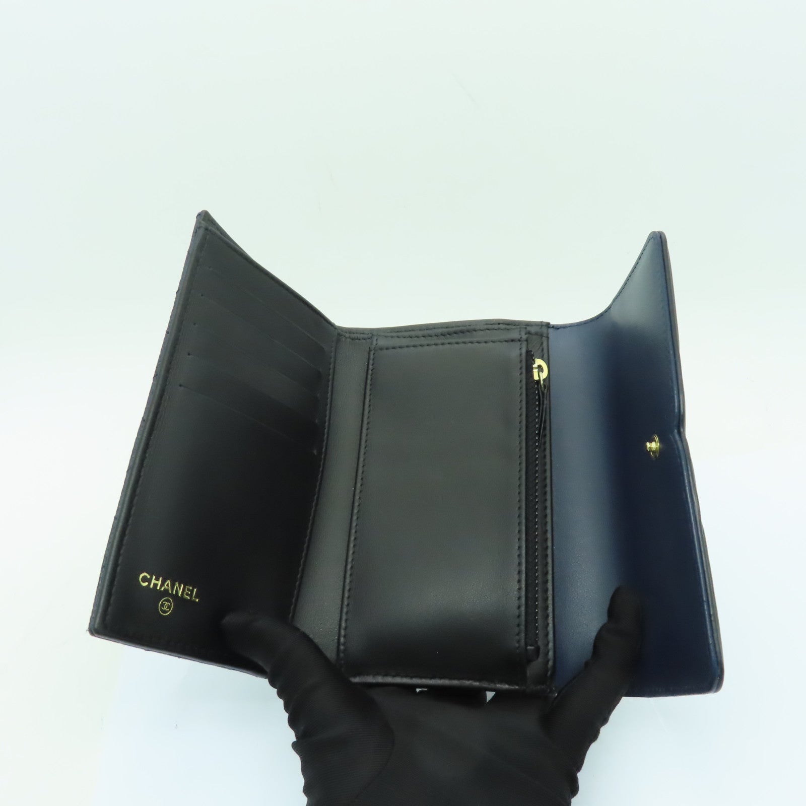 CHANEL 菱格Caviar皮革Wallet金扣錢包深藍色