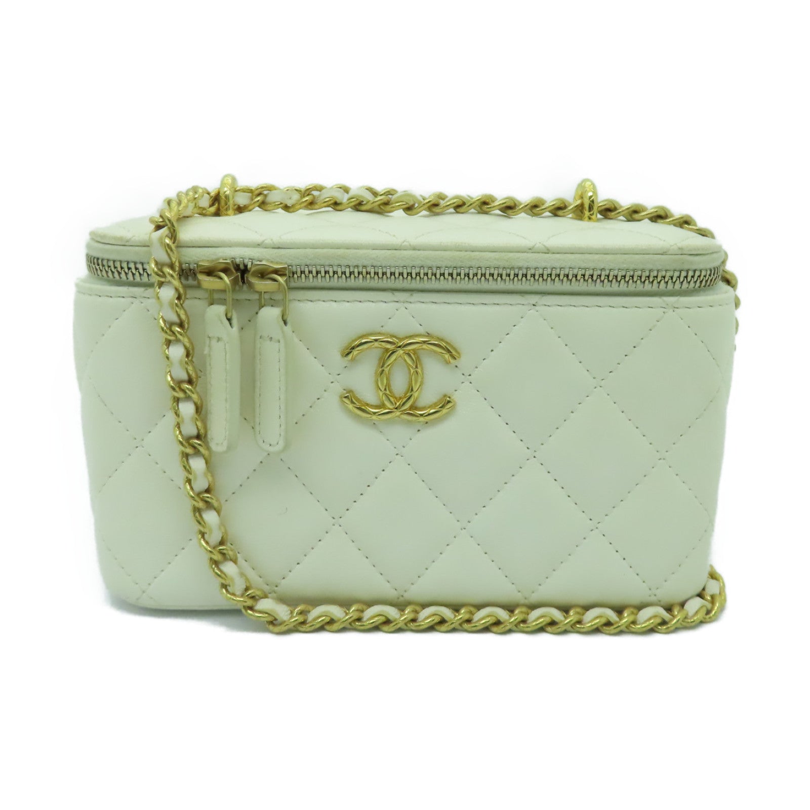 CHANEL 菱格Caviar皮革Vanity Case金扣鏈帶肩背袋白色