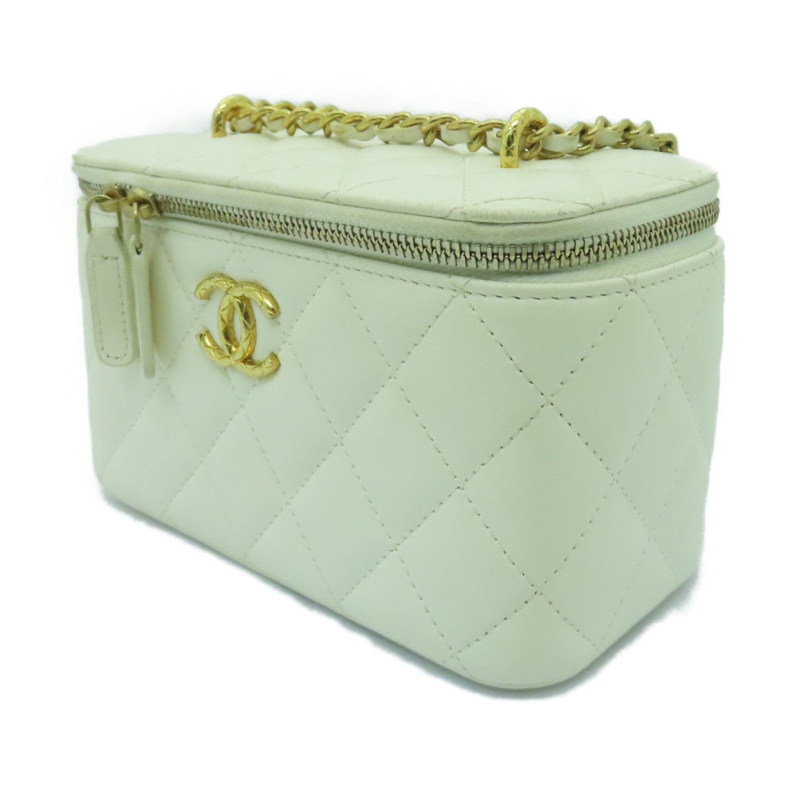 CHANEL 菱格Caviar皮革Vanity Case金扣鏈帶肩背袋白色
