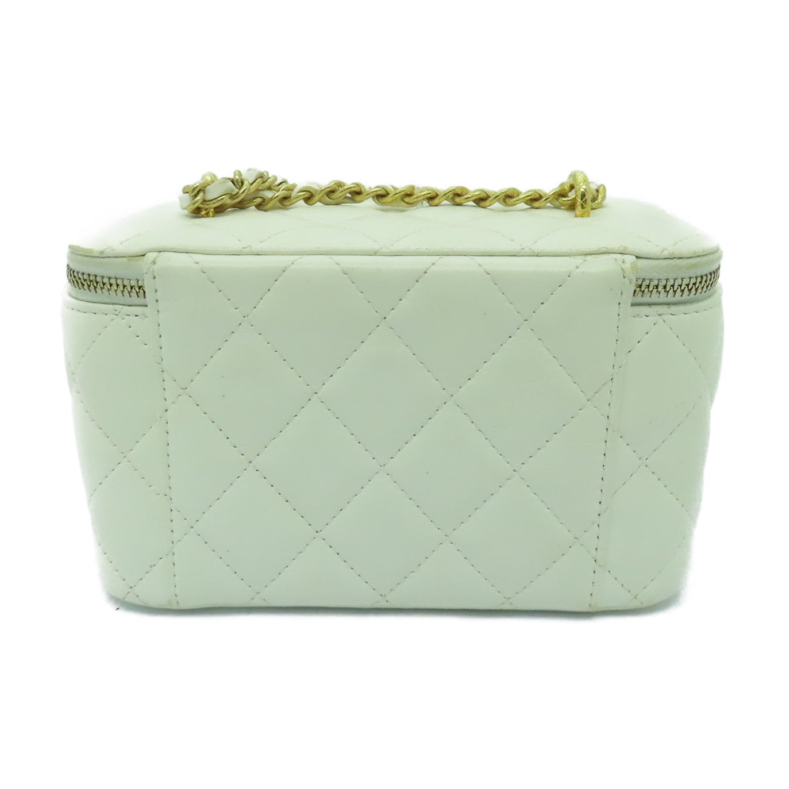 CHANEL 菱格Caviar皮革Vanity Case金扣鏈帶肩背袋白色