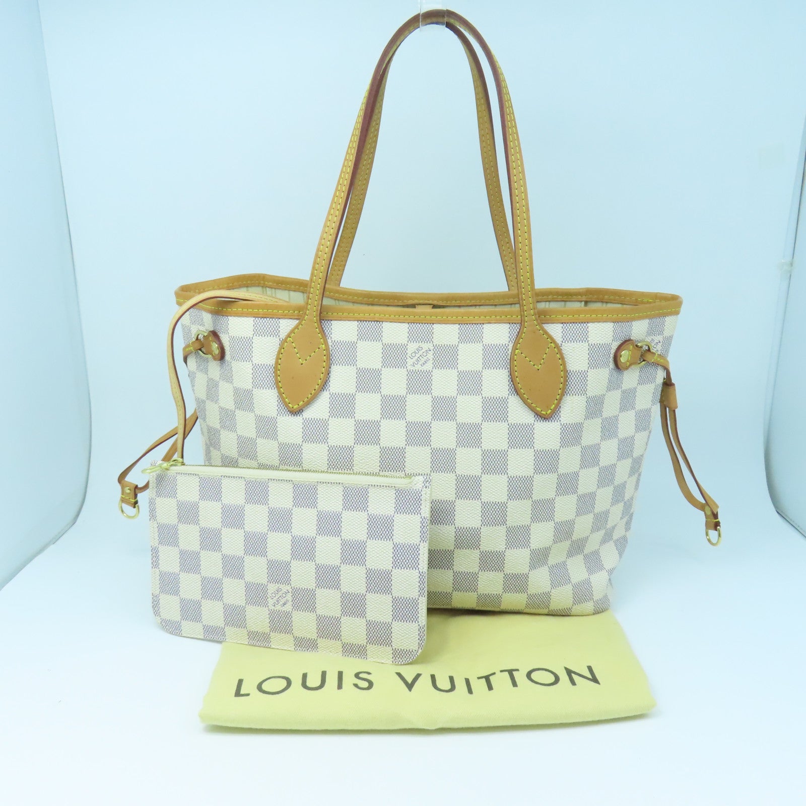 LOUIS VUITTON Damier Azur Neverfull PM Gold Buckle Handle Bag White
