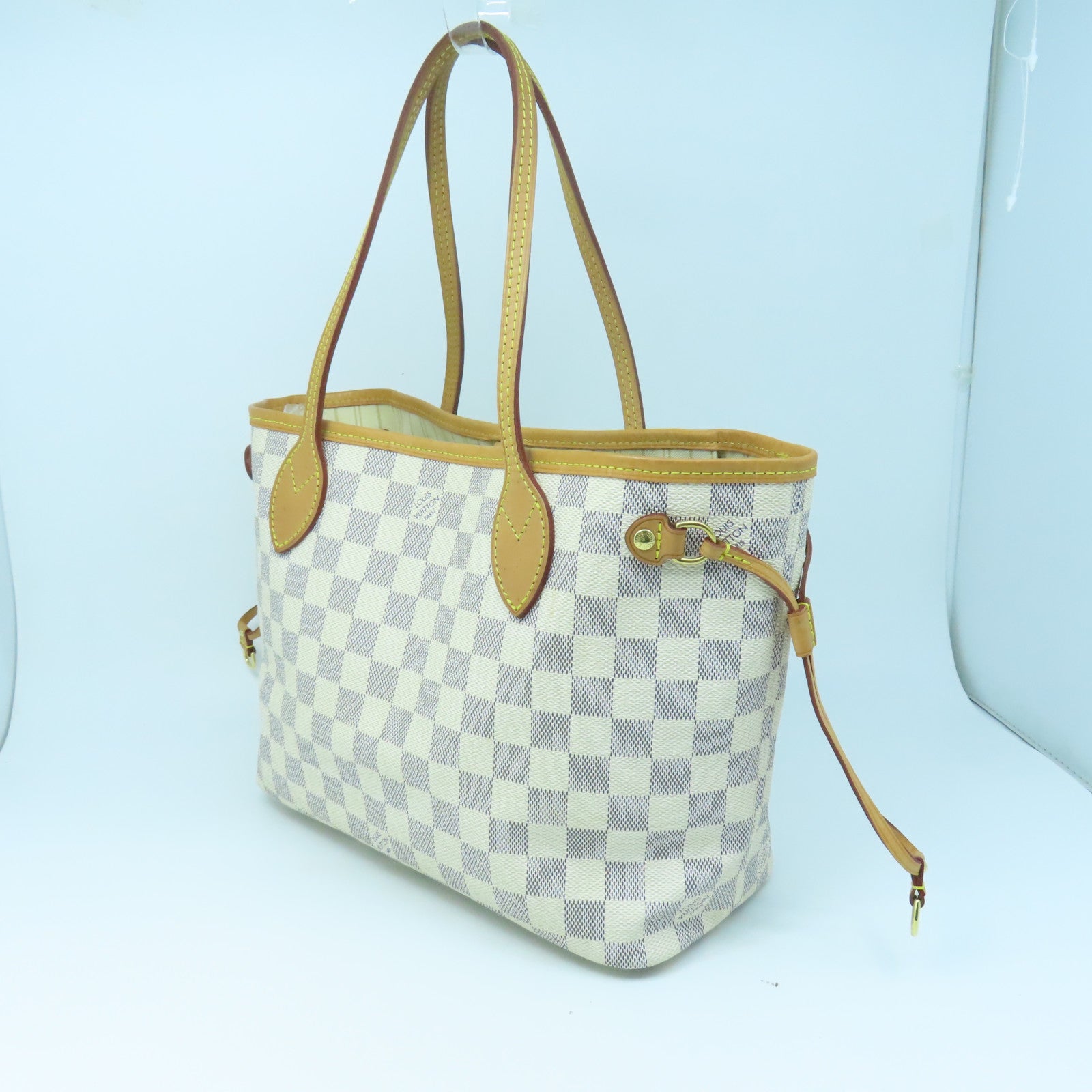 LOUIS VUITTON Damier Azur Neverfull PM Gold Buckle Handle Bag White